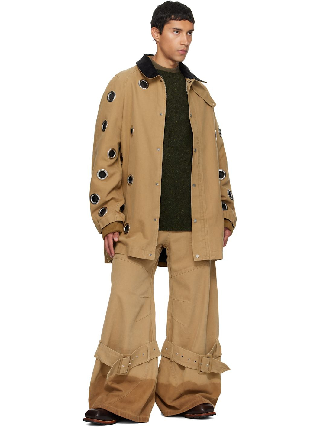 Beige Pin-Buckle Cargo Jeans - 4