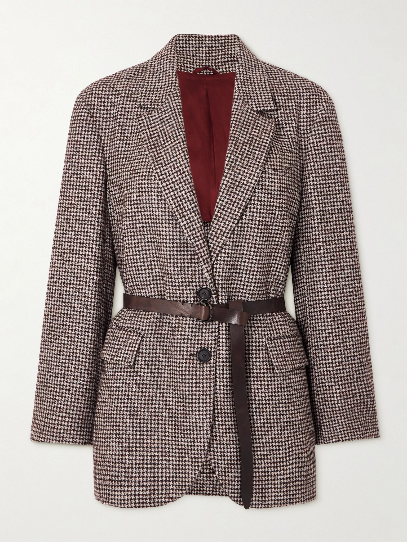 Belted bead-embellished houndstooth wool-blend jacket Brown - 1