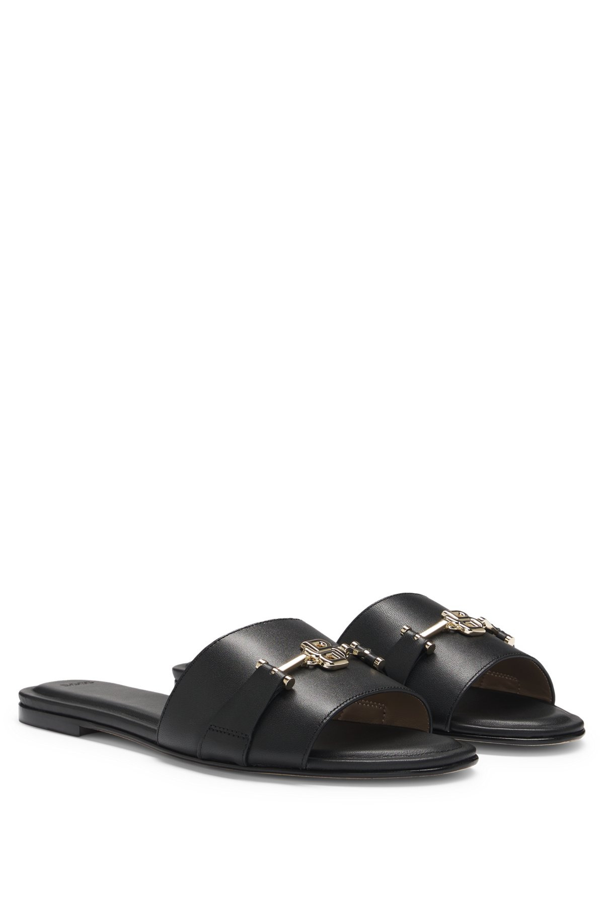 LEATHER SLIDES WITH GOLD-TONE DOUBLE B MONOGRAM - 2