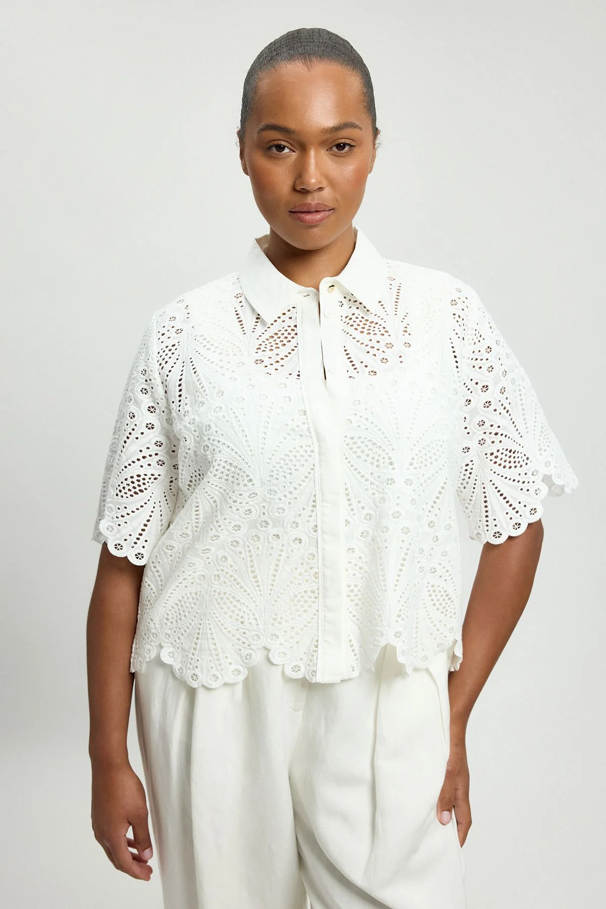 Plus Size Cotton Broderie Short Sleeve Blouse - 1