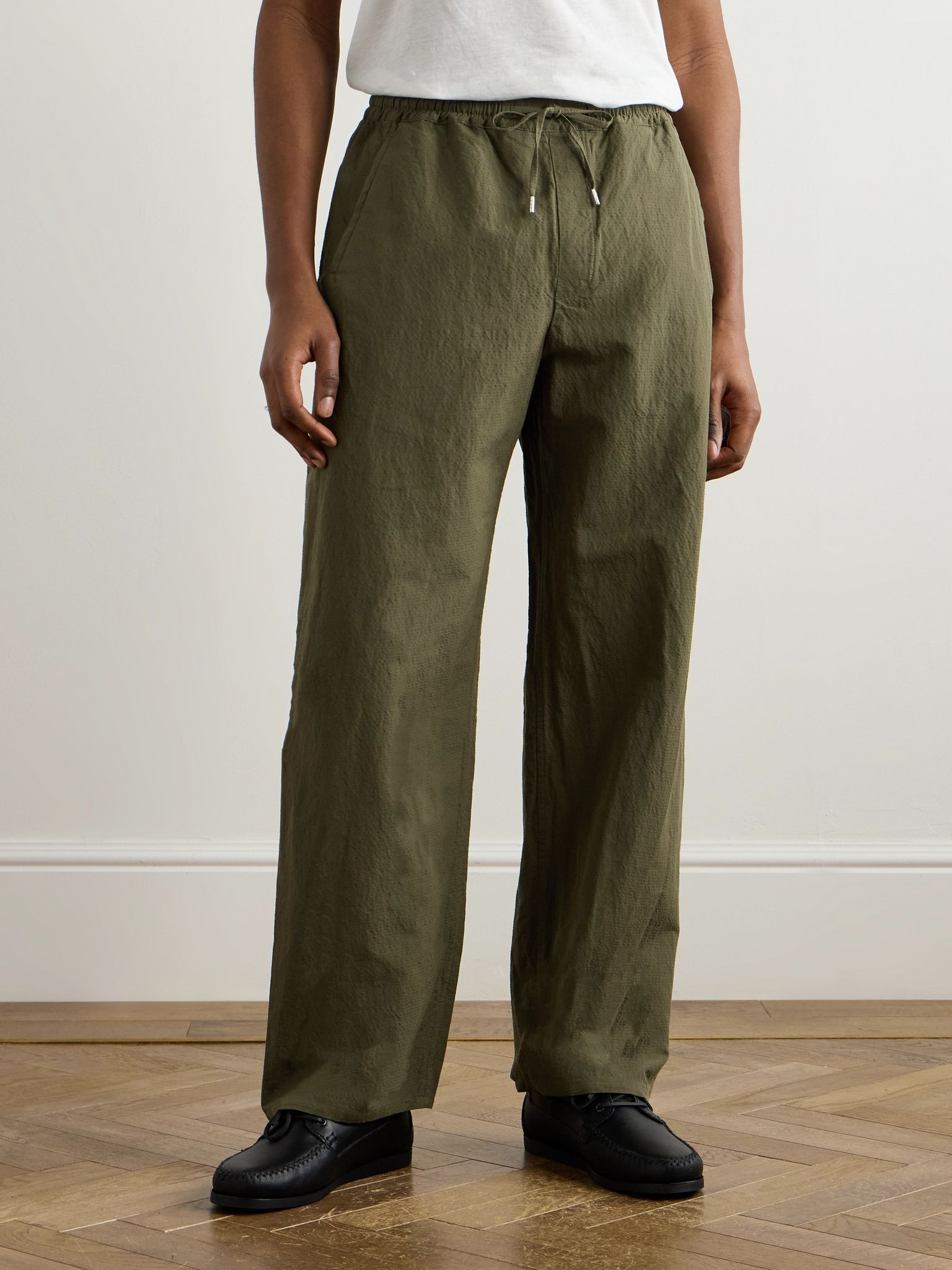 Samurai Wide-Leg Cotton and Linen-Blend Seersucker Drawstring Suit Trousers Green - 3