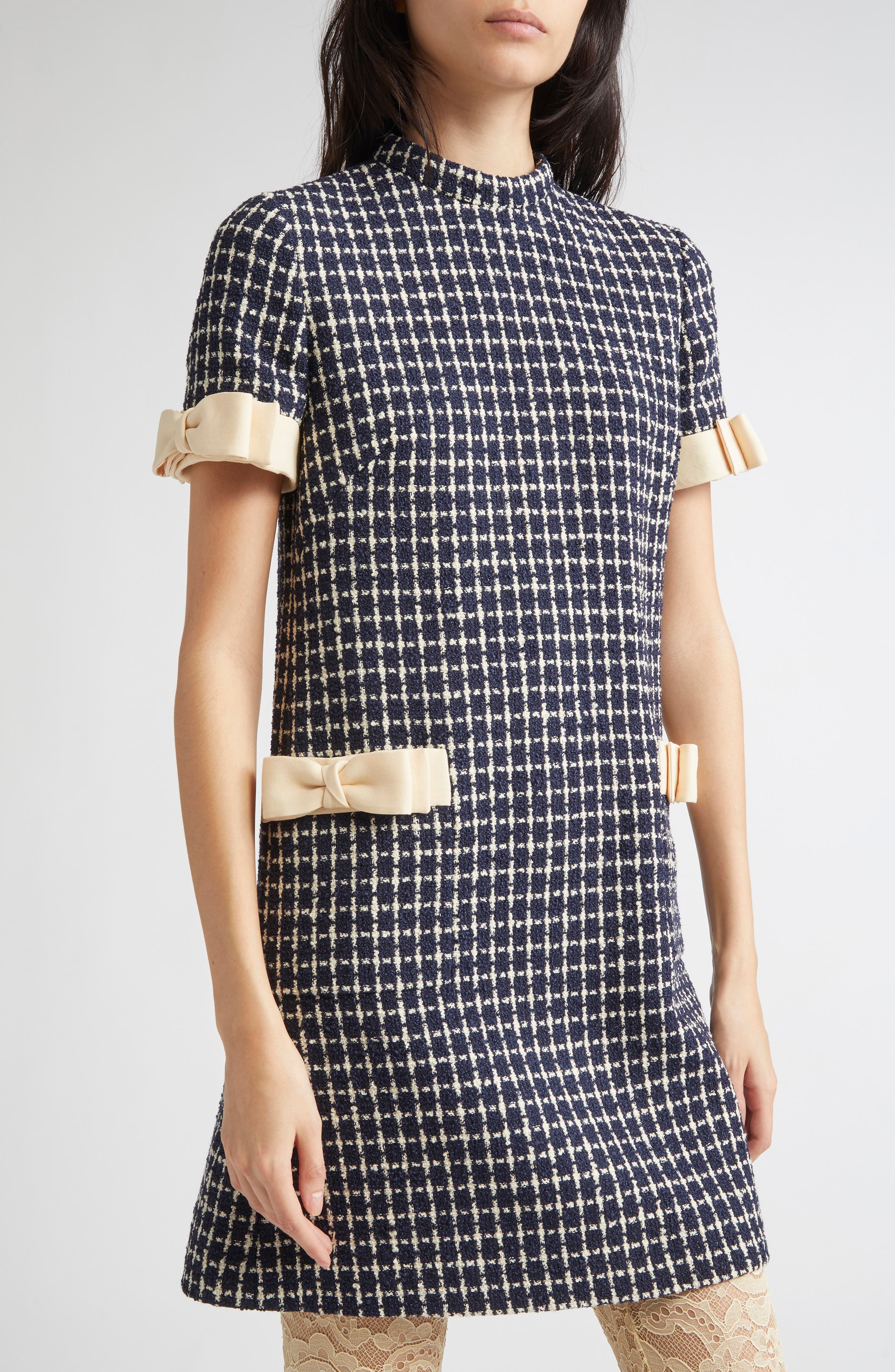 Valentino Garavani Bow Detail Wool & Silk Bouclé Dress in White/Navy at Nordstrom - 4