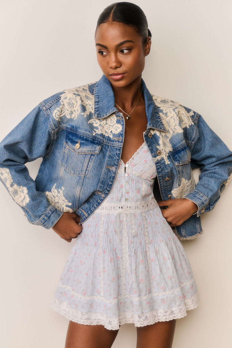 LoveShackFancy Amana Lace Appliqué Denim Jacket outlook