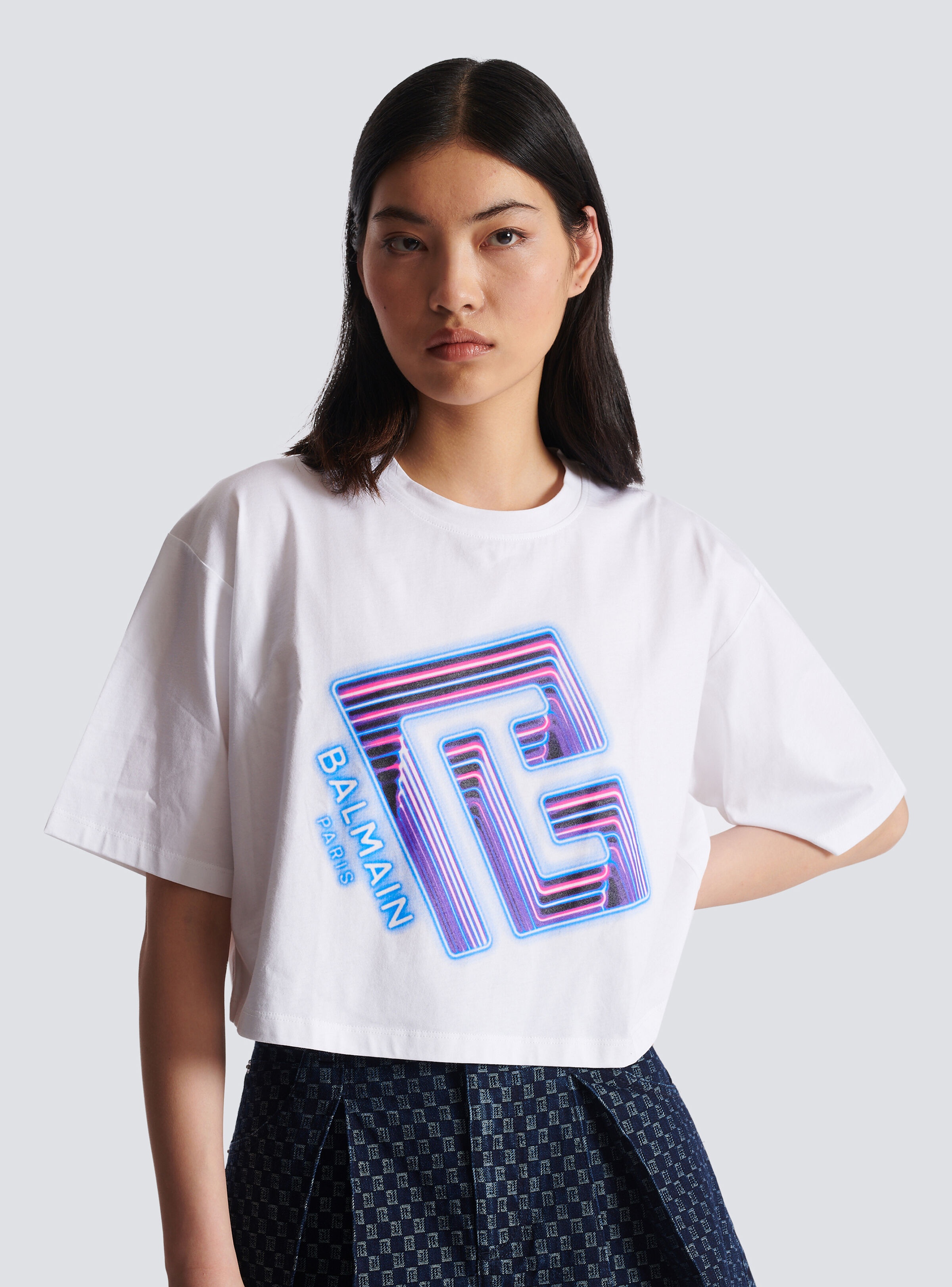 Cropped T-shirt with neon printed labyrinth logo - 6