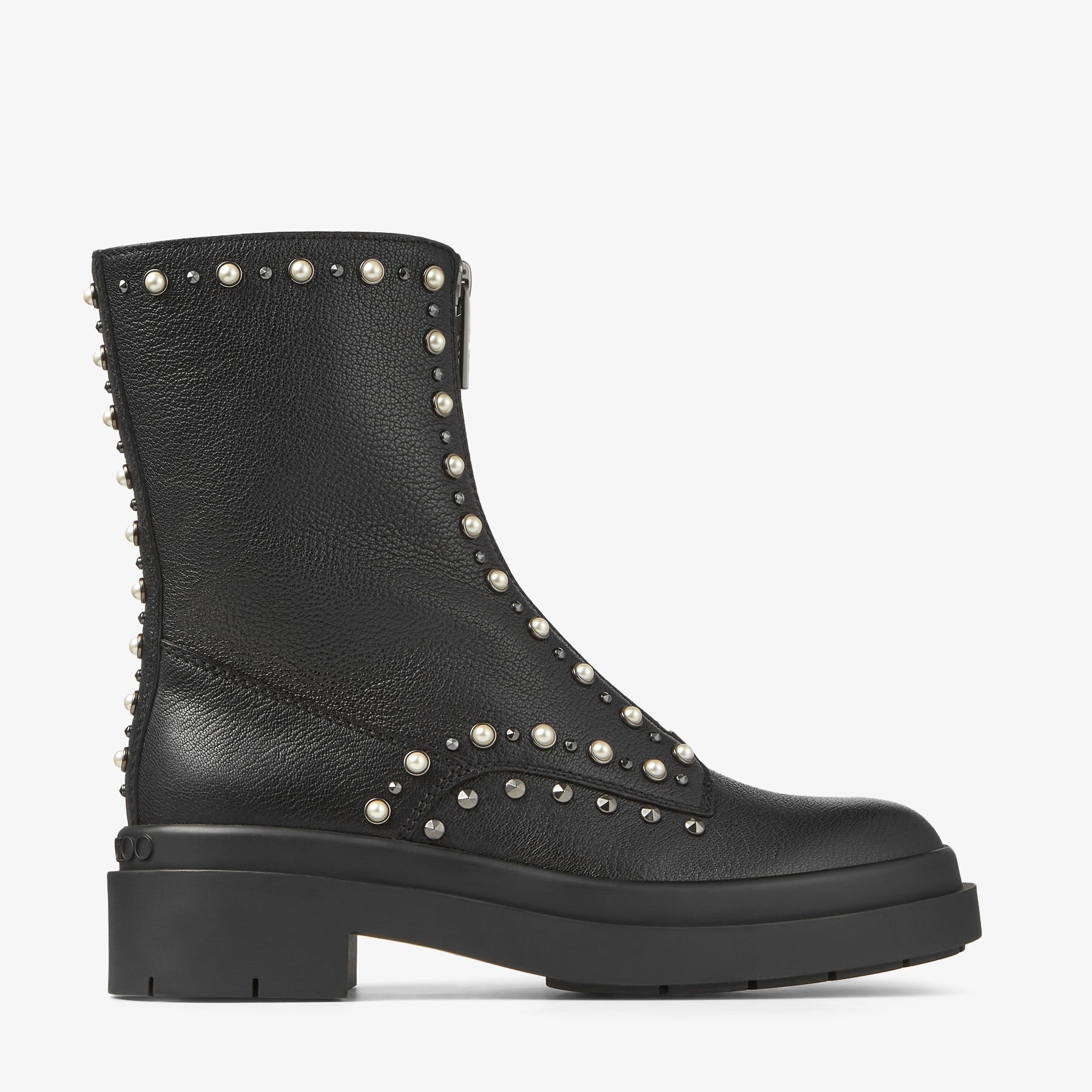 JIMMY CHOO Nola Flat Black Leather Boots with Pearls and Studs 