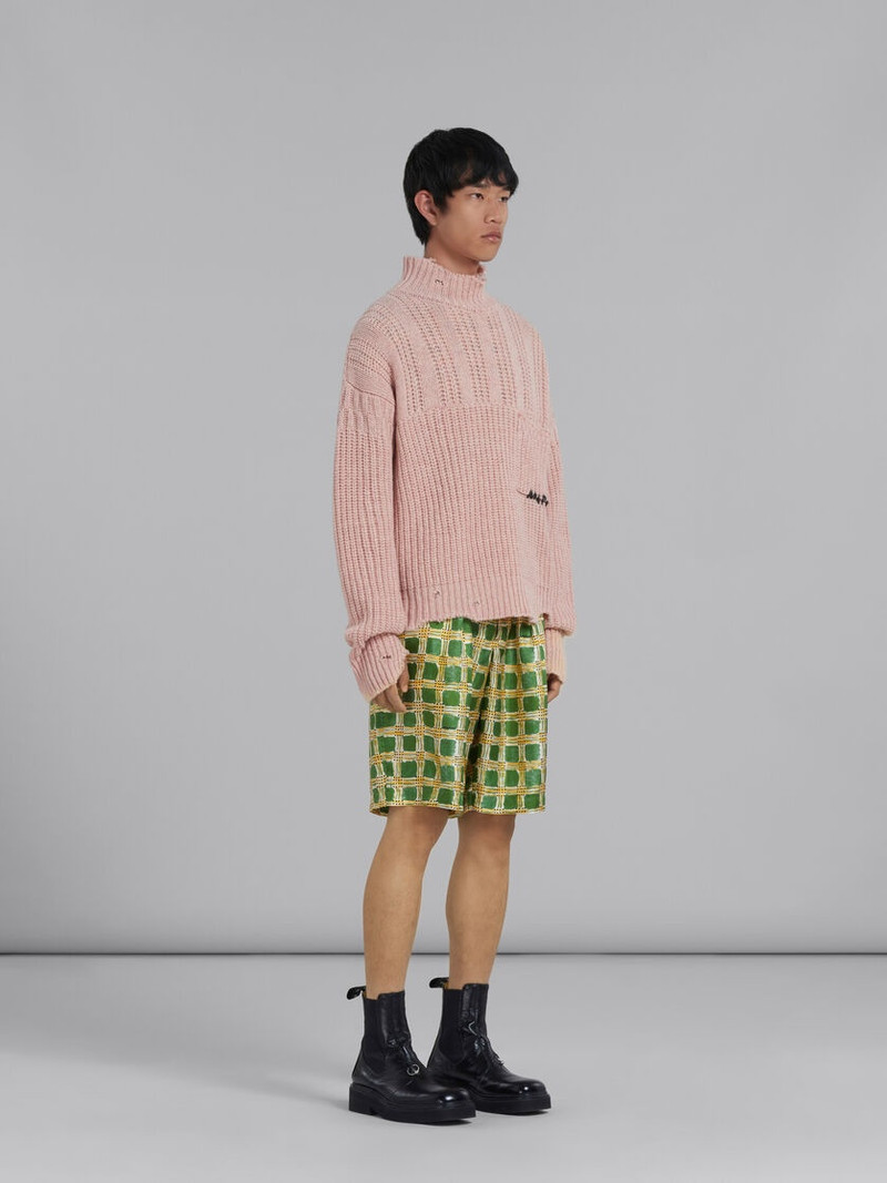 GREEN SILK TWILL SHORTS WITH CHECK FIELDS PRINT 5