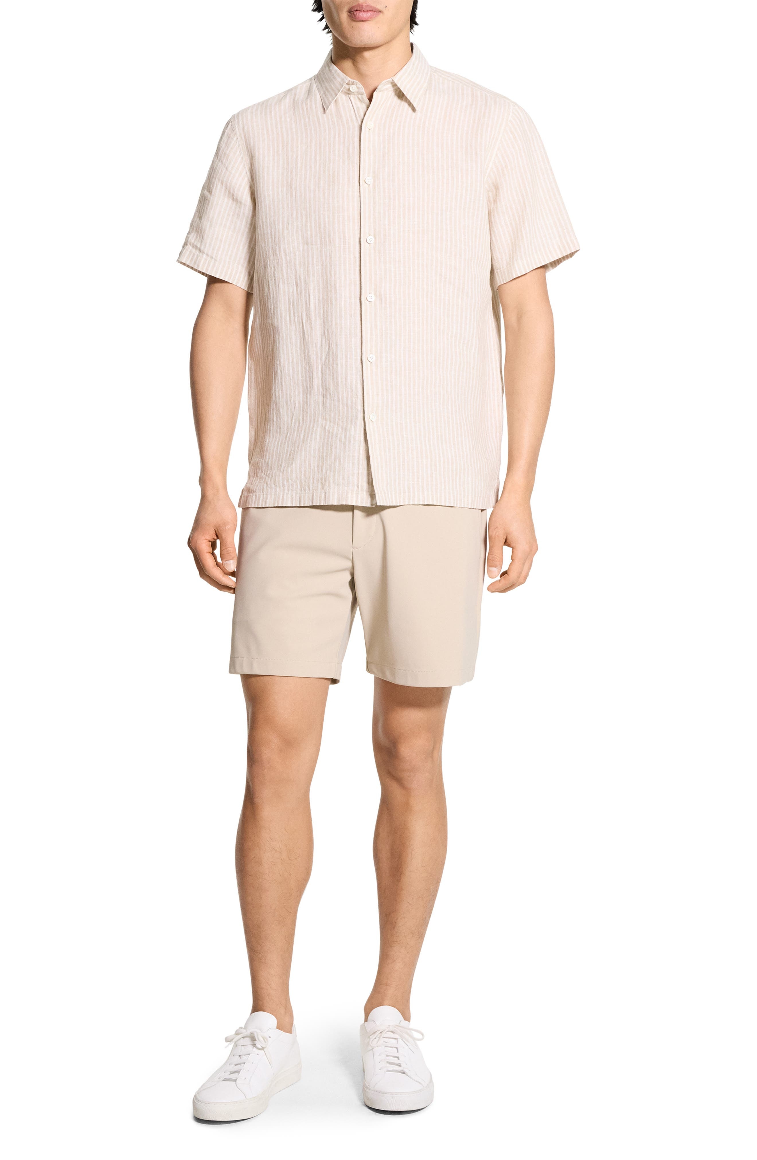 Theory Irving Stripe Short Sleeve Linen Button-Up Shirt in Chino/White at Nordstrom - 7