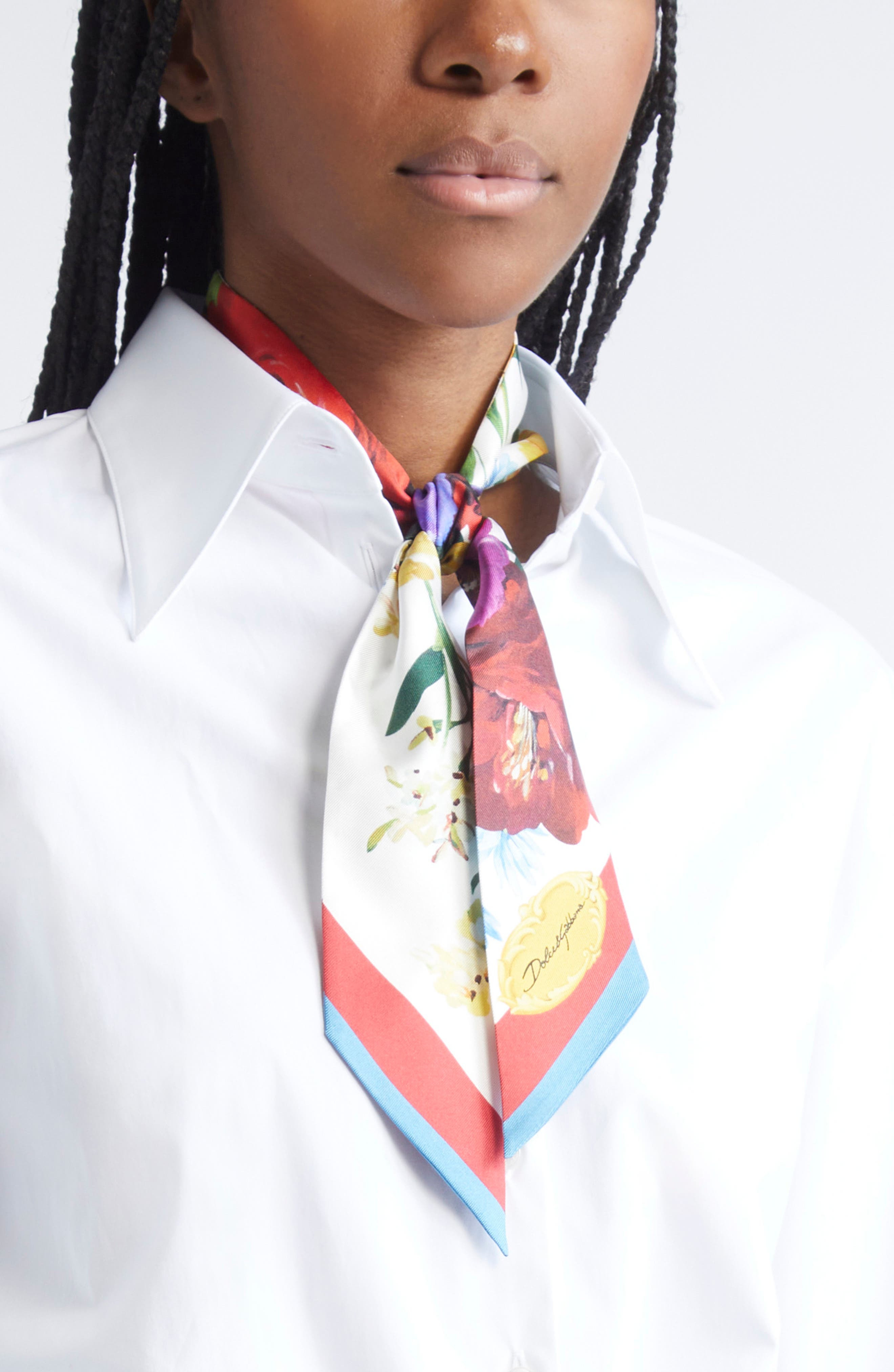 Dolce&Gabbana Floral Silk Twill Skinny Scarf in Hs5Pc B.fiori Cret.b/Rosso at Nordstrom - 2