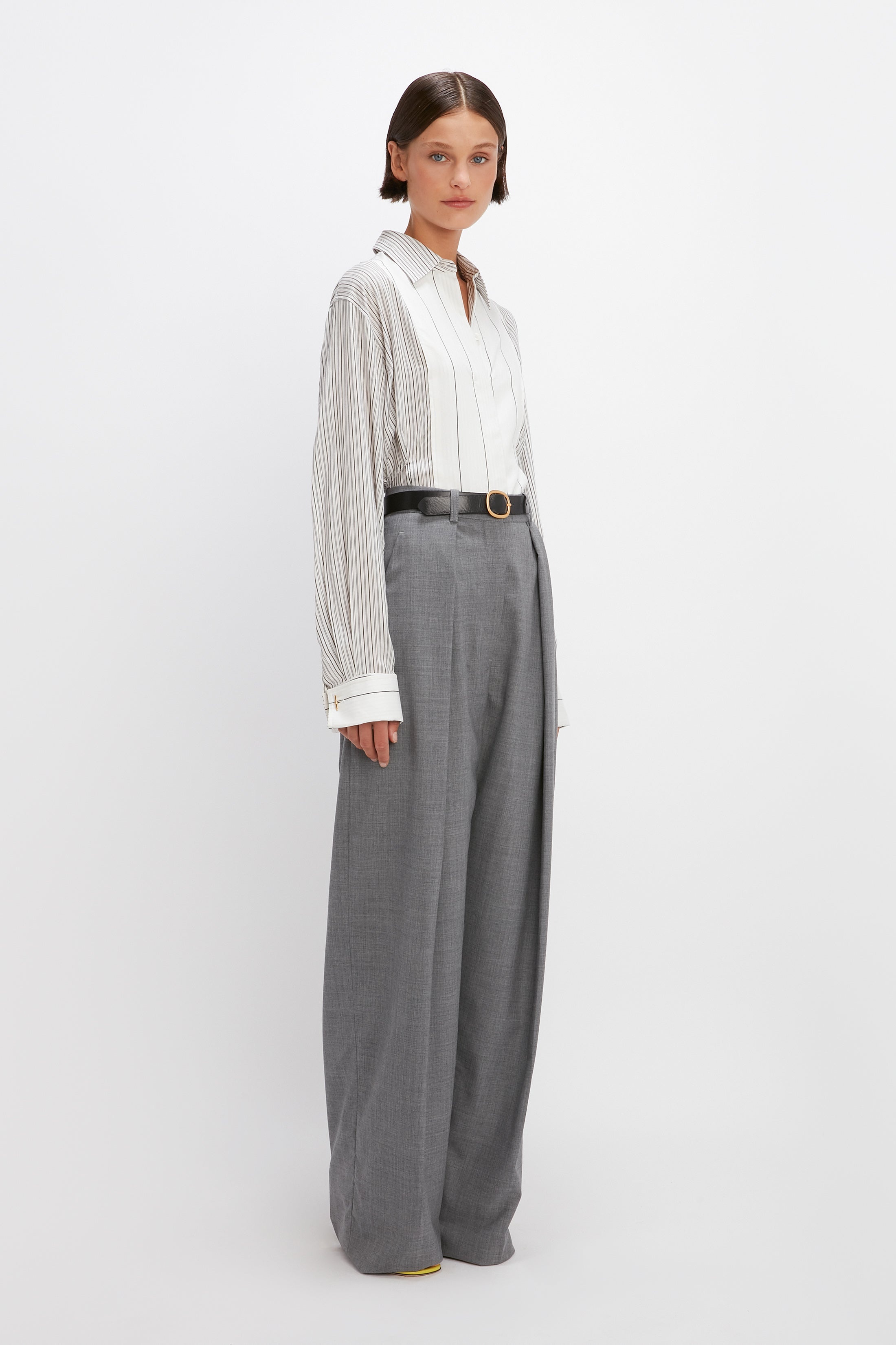 Wide Leg Pleated Trouser in Grey Melange - 5