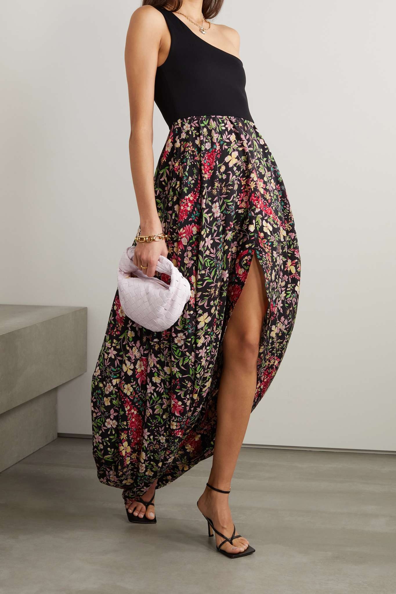 One-shoulder jersey and floral-print silk crepe de chine dress - 2