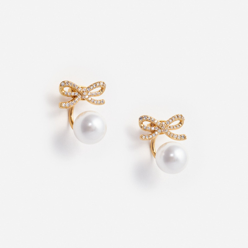 Gold Bow Pearl Jacket Earrings - 1