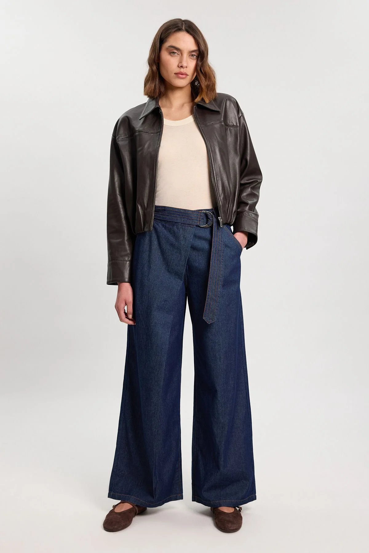 Denim Belted Wide Leg Trouser - 1