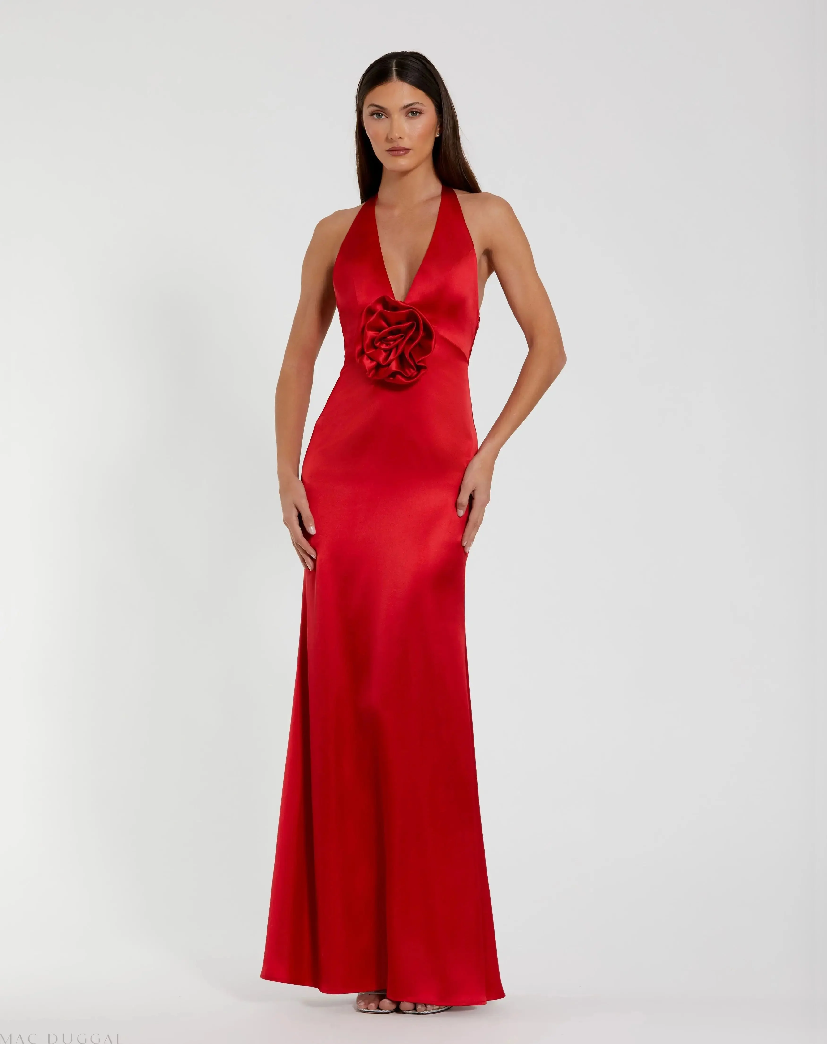 Red Fitted Satin Sleeveless Halter Gown With 3D Flower - 1