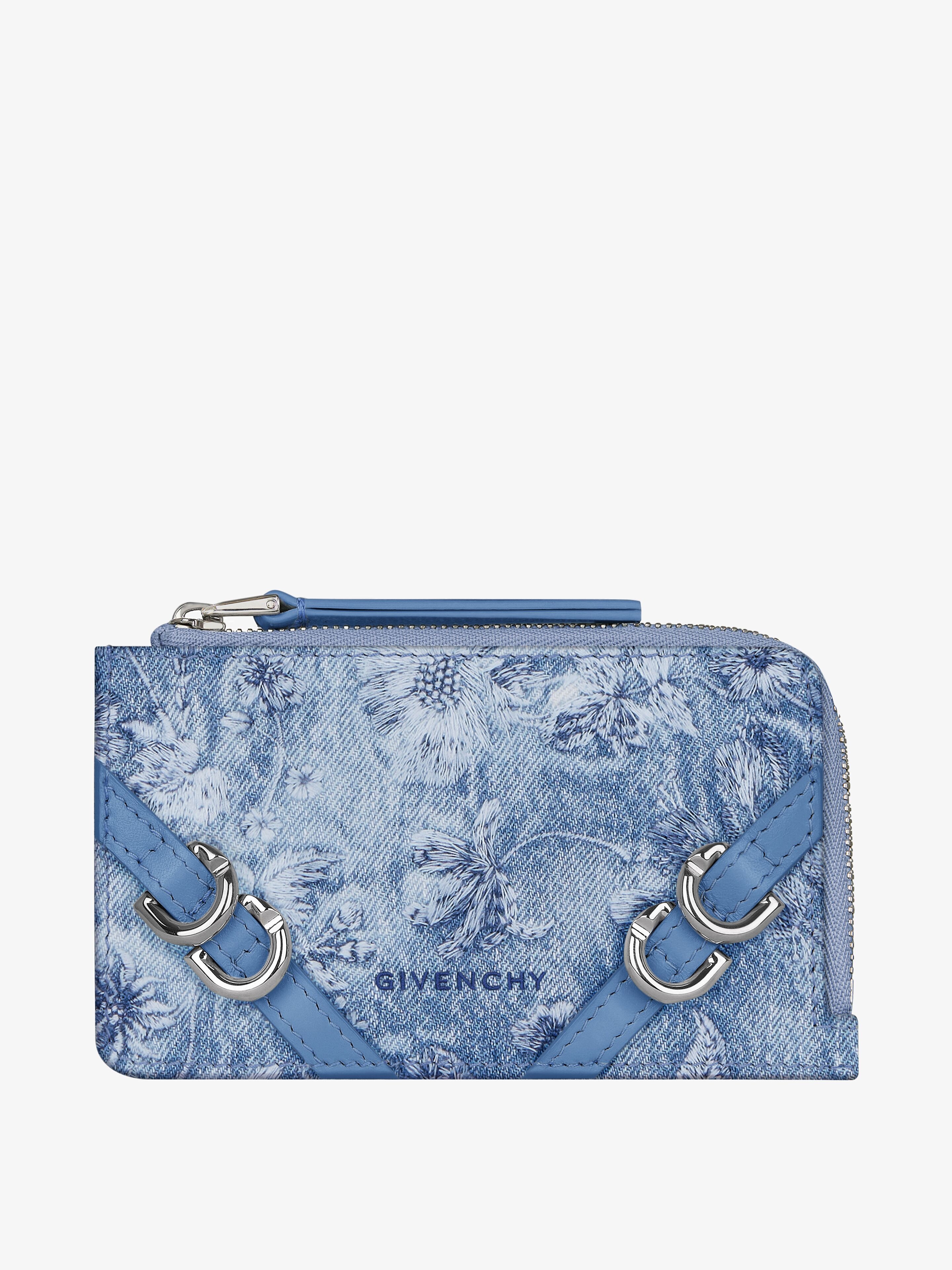 VOYOU ZIPPED CARD HOLDER IN WASHED EMBROIDERED DENIM - 3