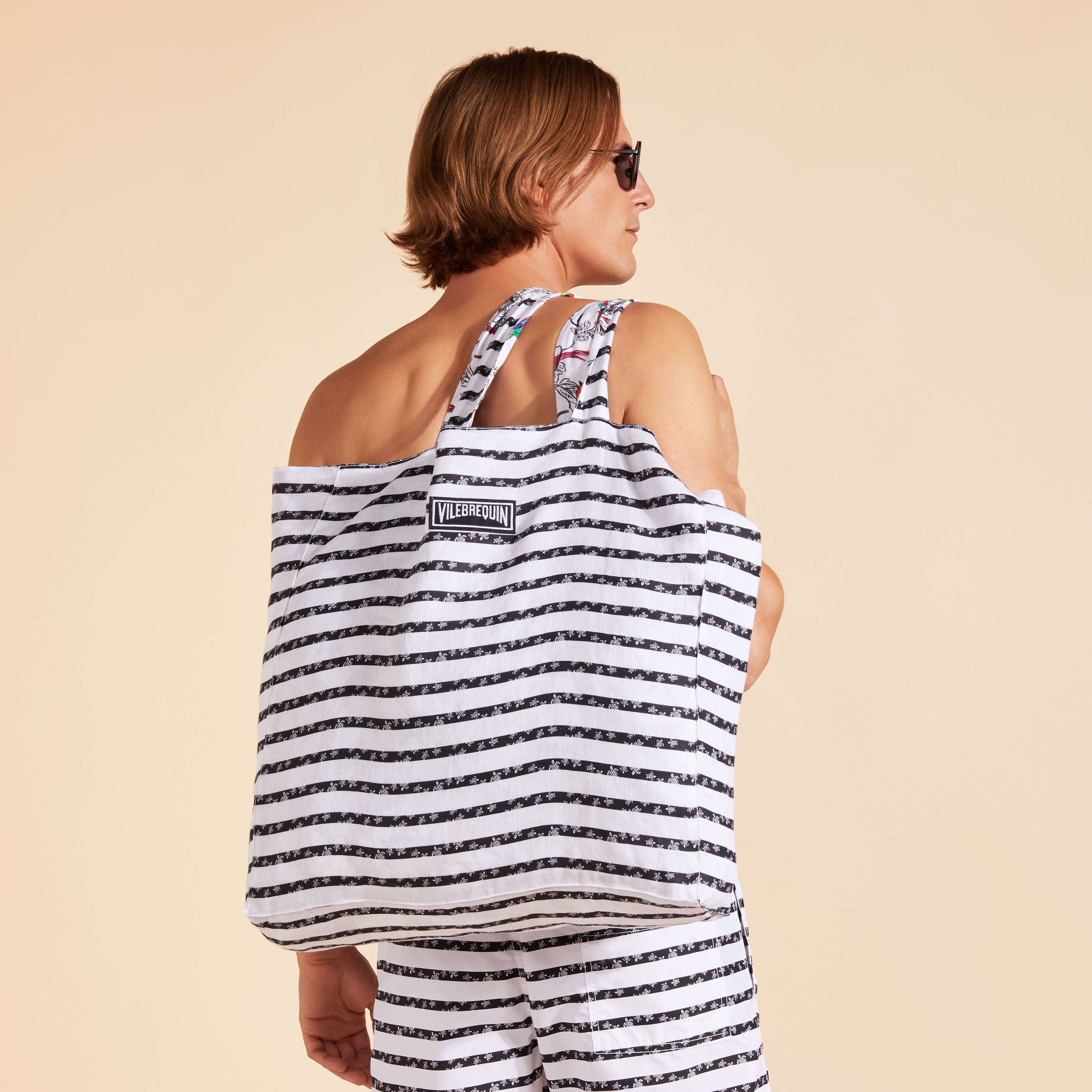Unisex Reversible Linen Beach Bag Micro Rondes des Tortues Rayée - 3