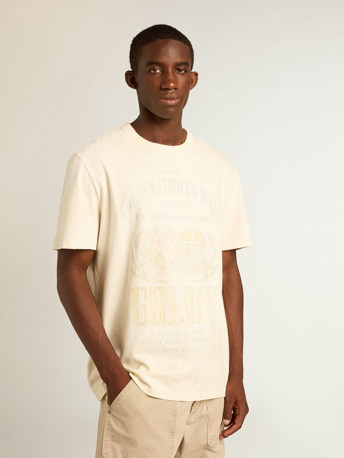 Men’s aged white cotton T-shirt with print on the front - 5