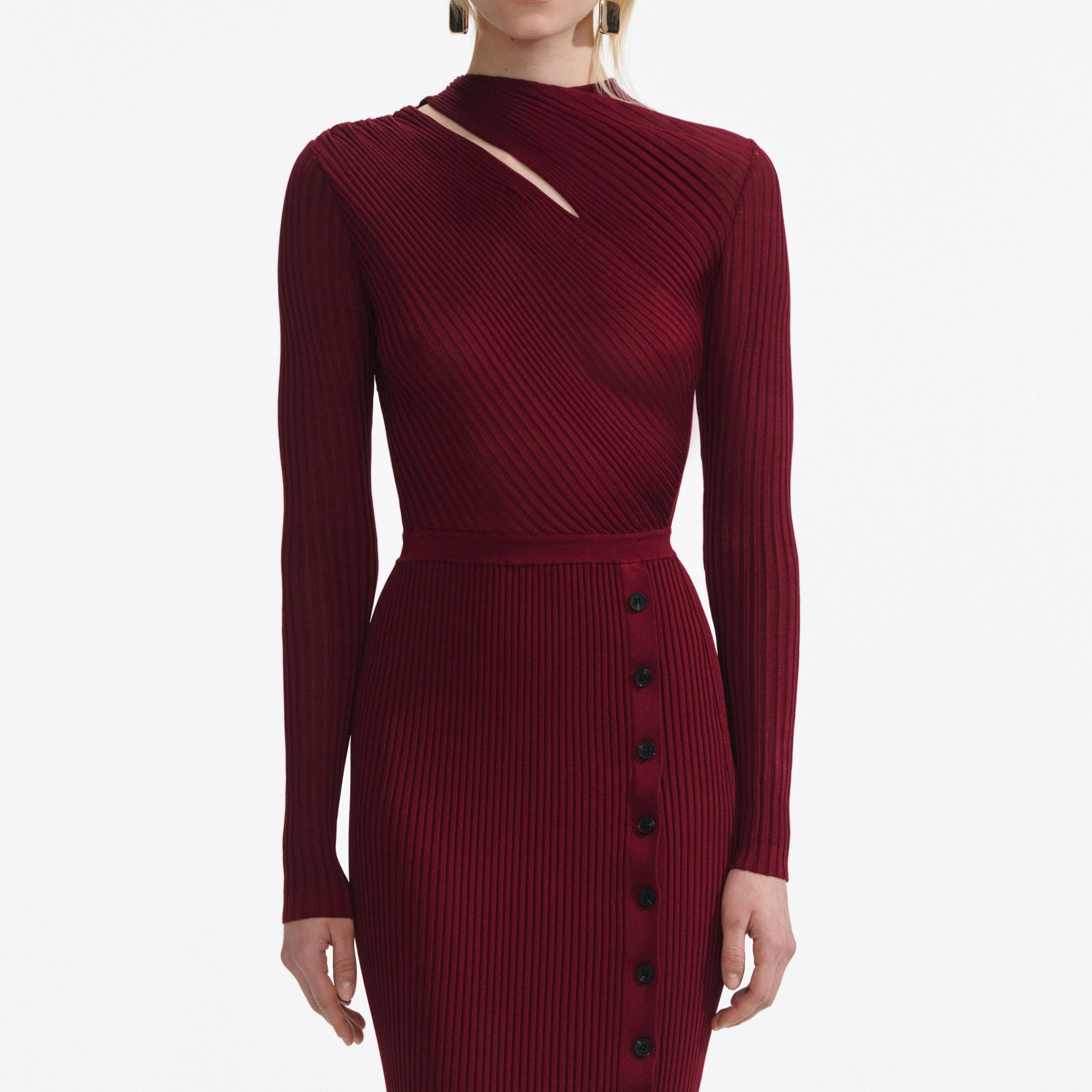 Burgundy Cut Out Rib Knit Midi Dress - 5