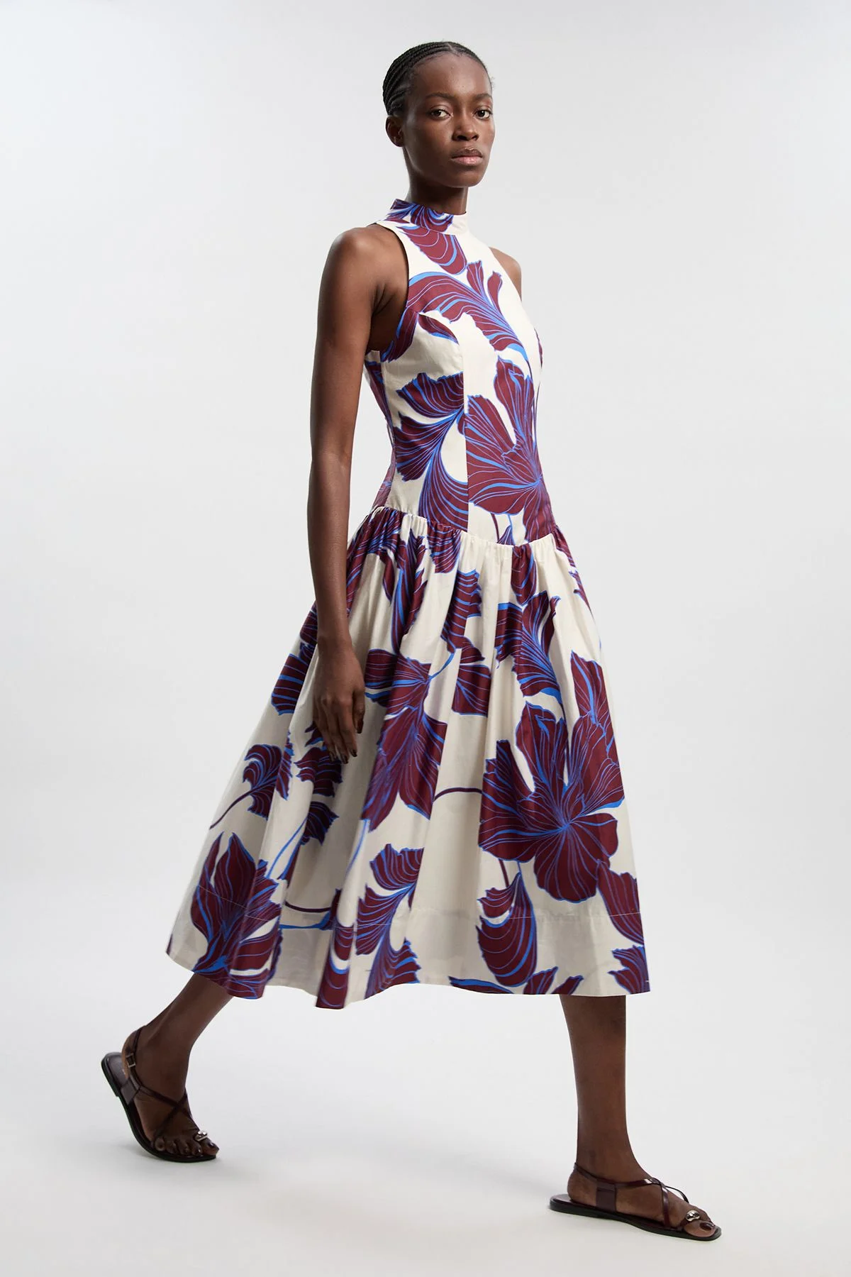 Graphic Floral Print Cotton Sateen Woven Halter Dress - 1