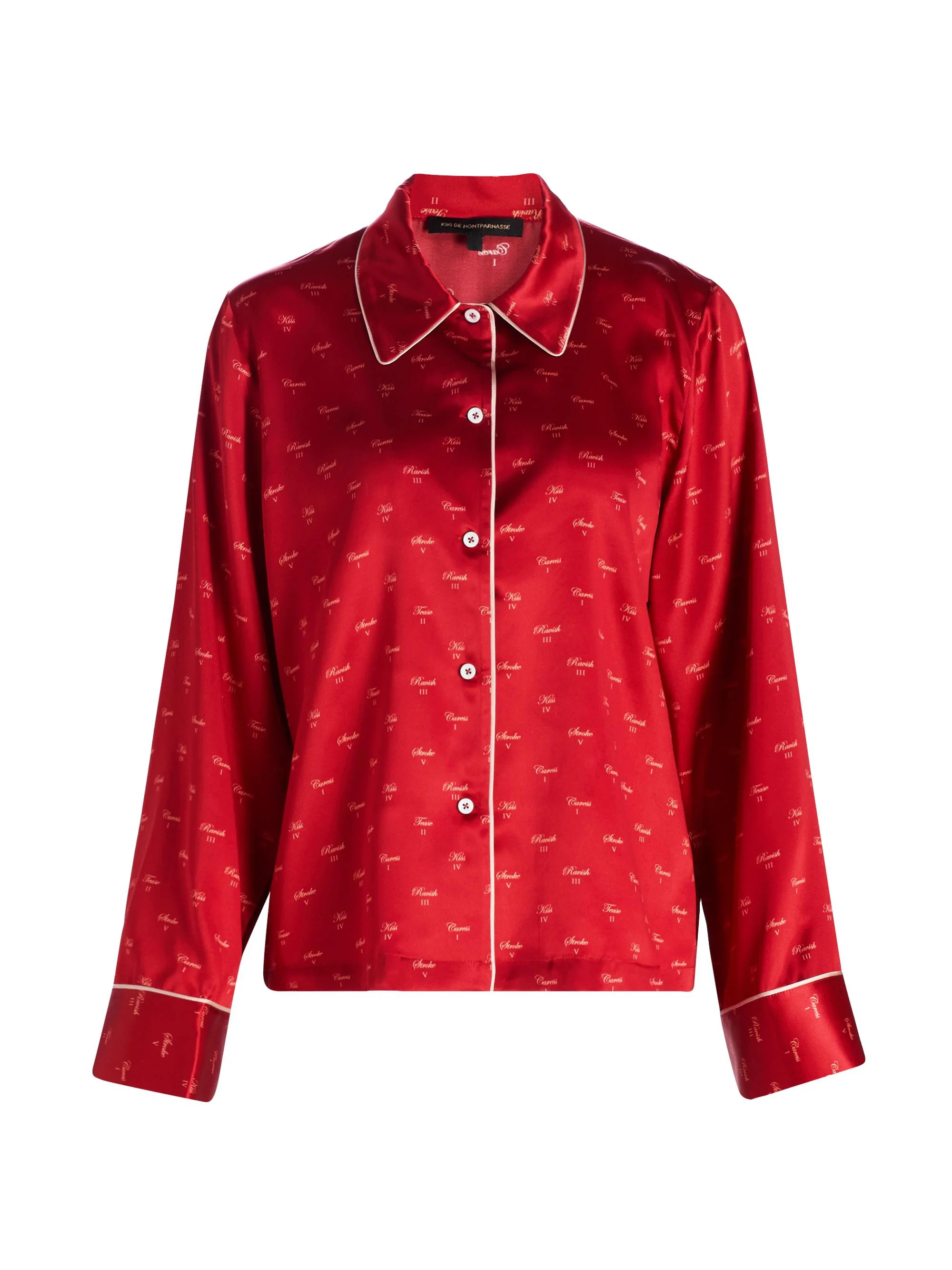 Women's Kiss-Printed Silk Pajama Top - Kiki Red And Buff - 1