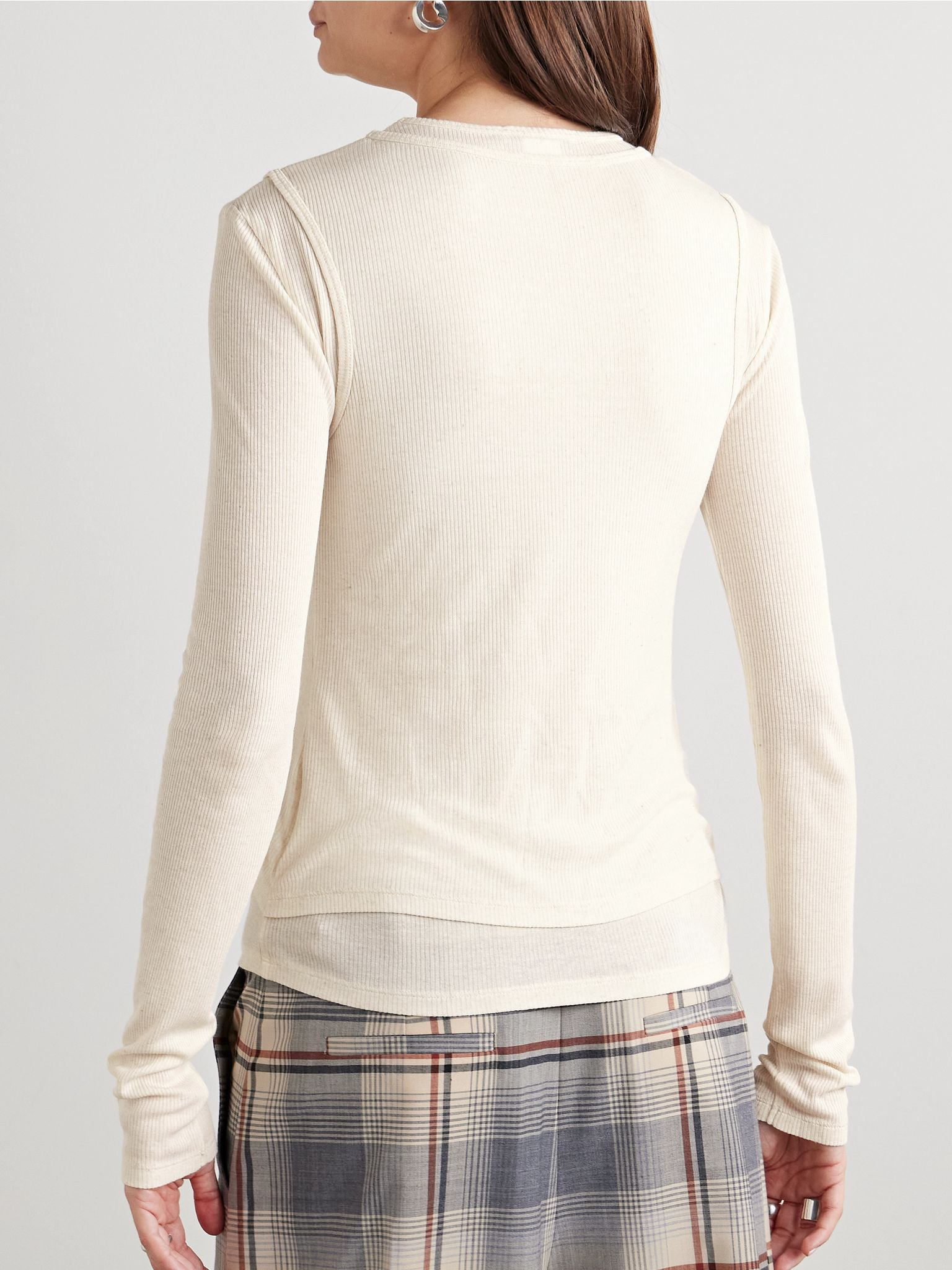 Layered printed ribbed modal and linen-blend jersey top Ivory - 4