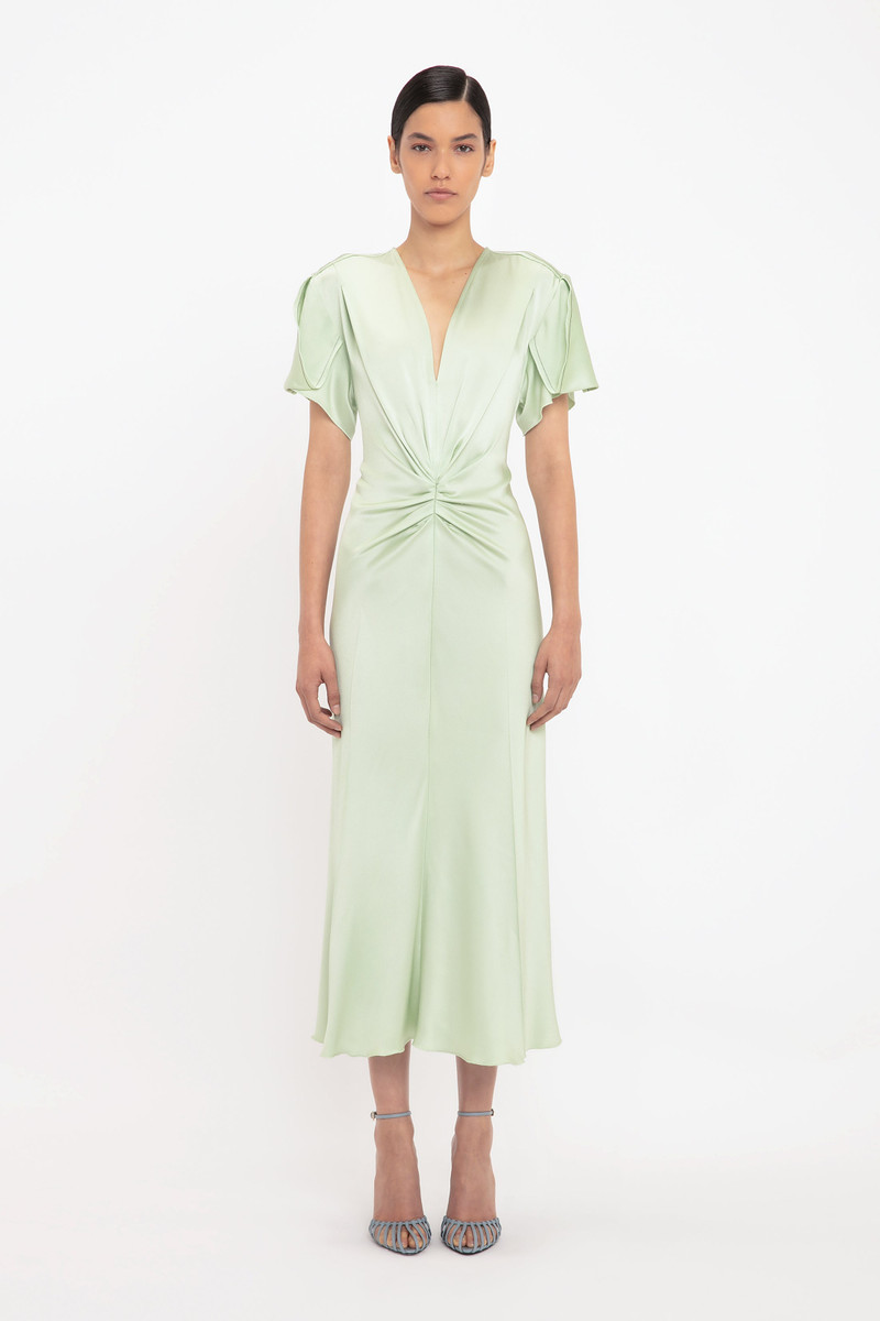 Victoria Beckham Gathered V-Neck Midi Dress In Jade outlook