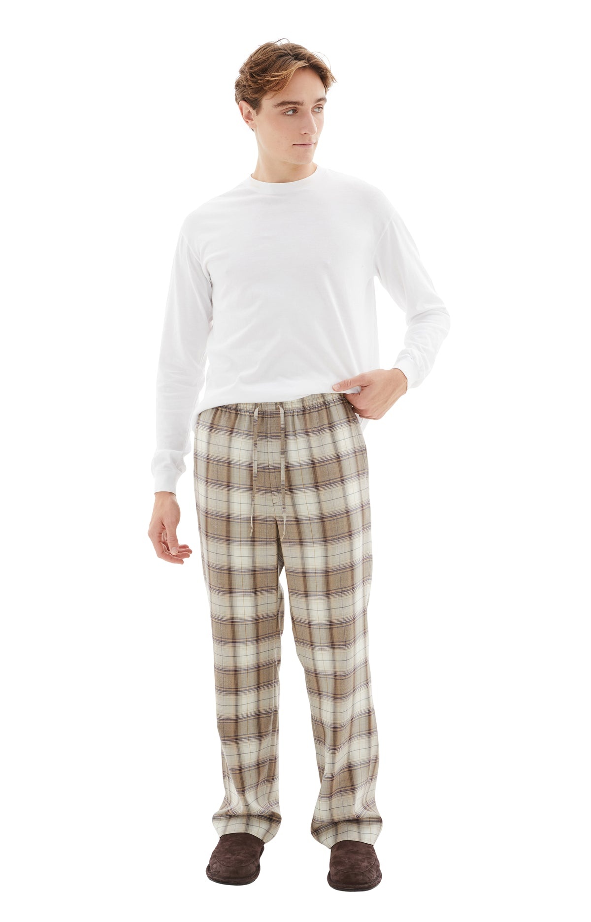 SUPER LIGHT WOOL CHECK EASY SLACKS (BROWN) - 1