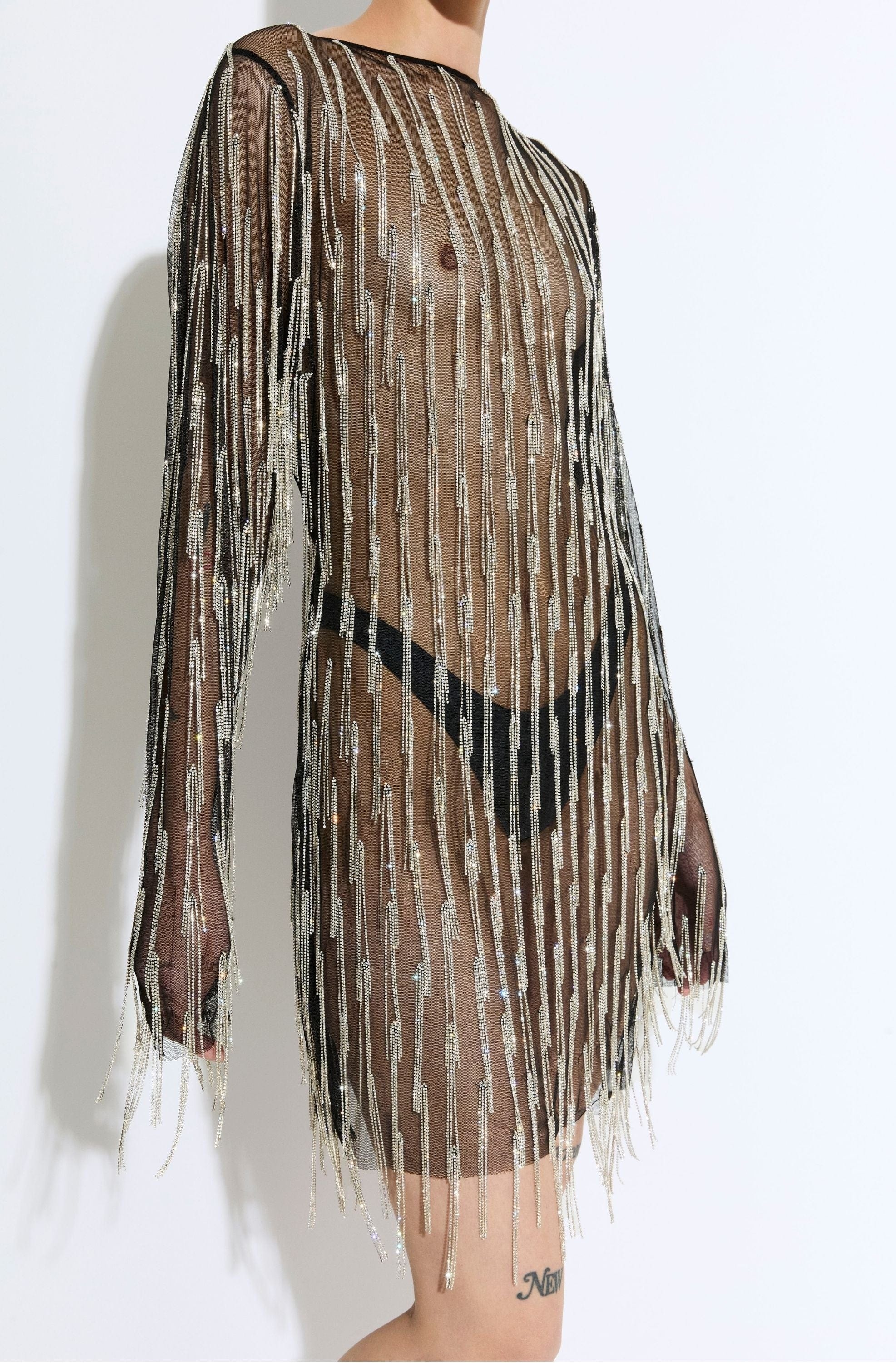 Rhinestone Fringe Boatneck Mini Dress - 4