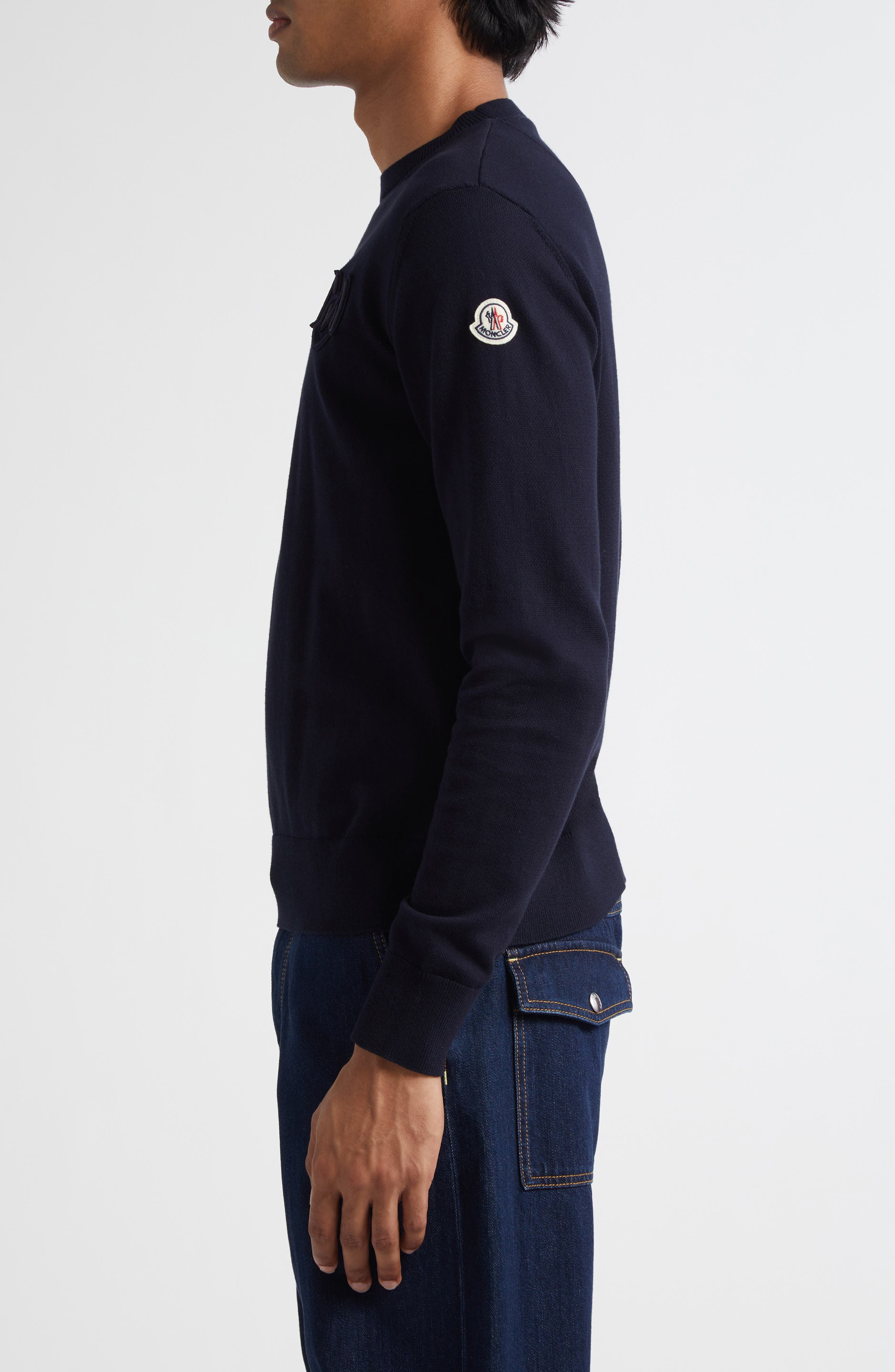Moncler Logo Embroidered Cotton Sweater in Navy at Nordstrom - 3