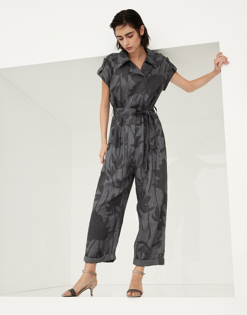 Ramage print lessivé linen jumpsuit with belt and shiny details 1