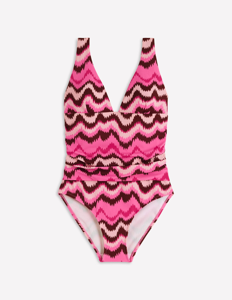 Mykonos Deep V Swimsuit-Pink Punch, Zig Zag Wave - 1