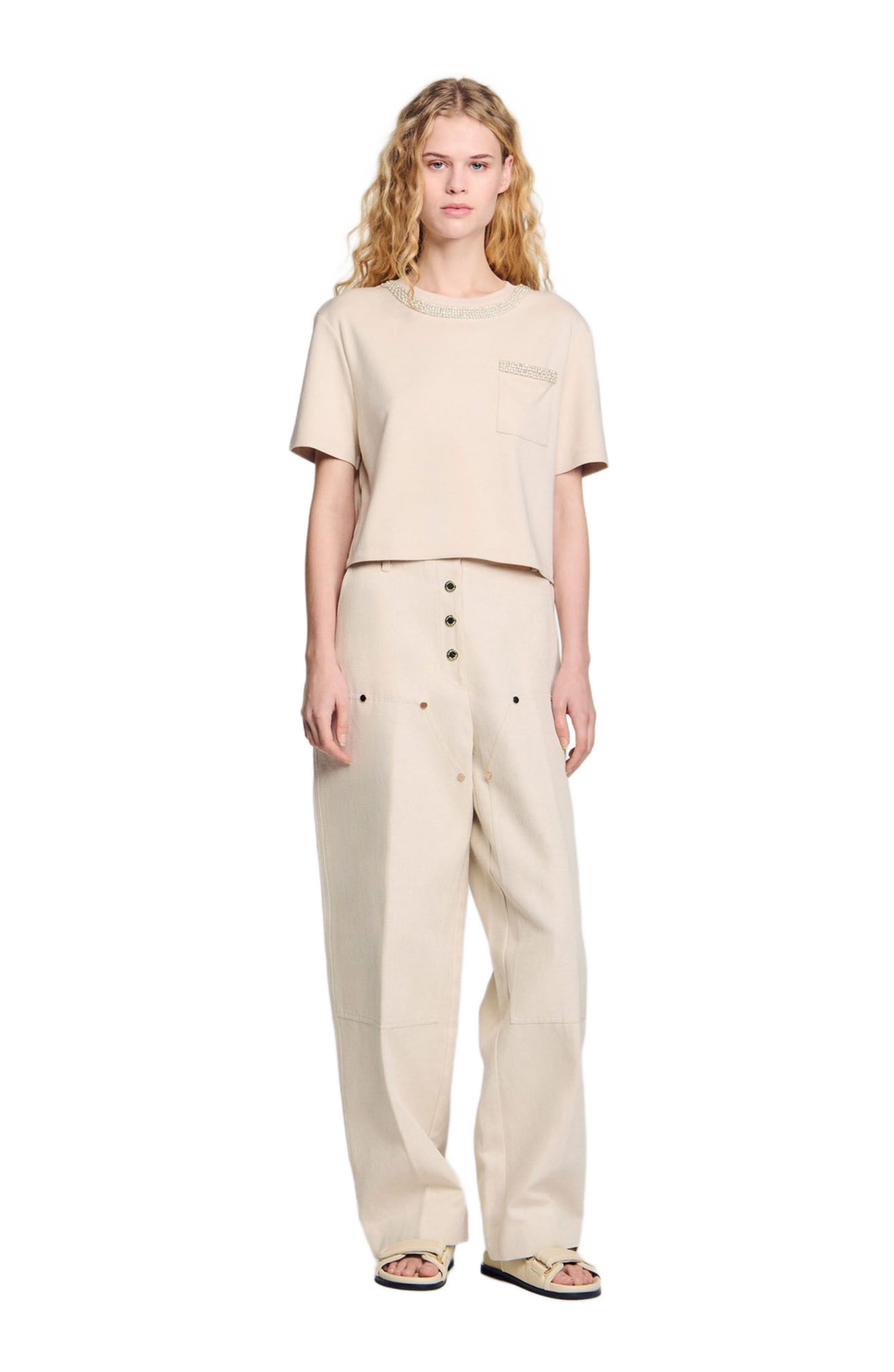 SANDRO T-shirt with rhinestone details in Beige at Nordstrom - 3