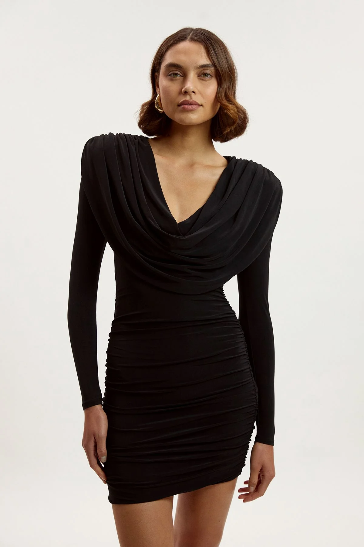 Stretch Drapey Crepe Ruched Plunge Neck Long Sleeve Mini Dress - 1