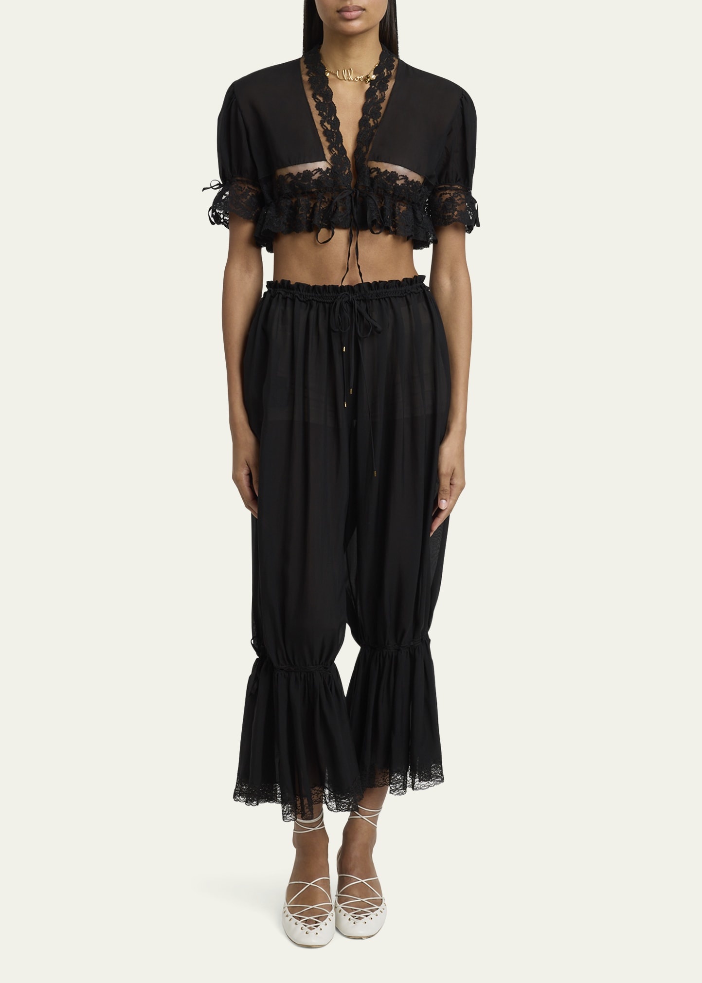 Drawstring Lace-Trim Cropped Pants - 2