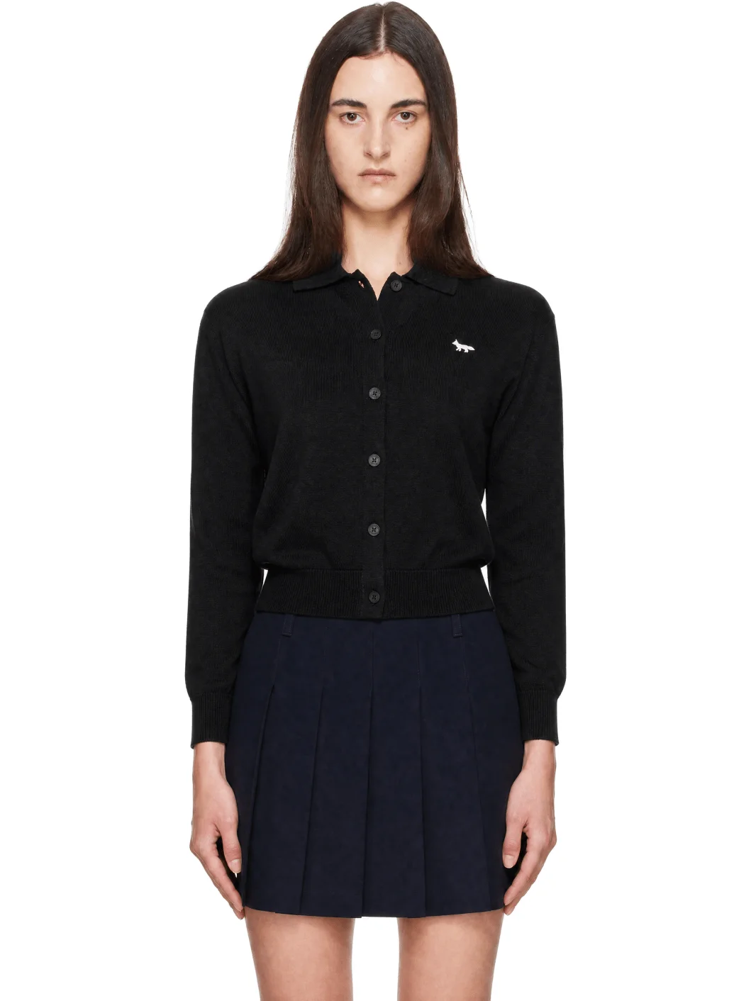 Black Profile Fox Merino Relaxed Polo Cardigan - 1