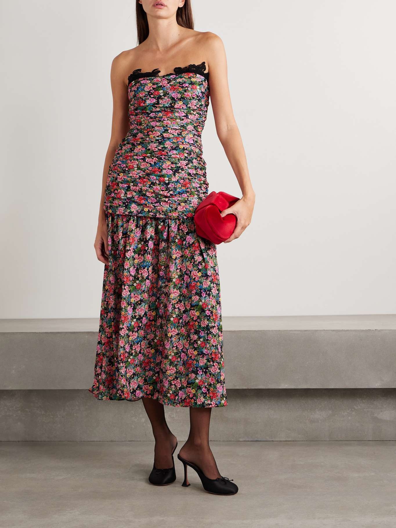 Viola lace-trimmed floral-print chiffon midi dress Pink - 2