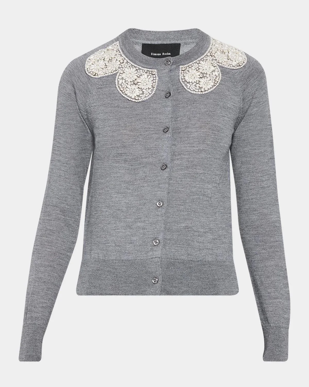 Embellished Classic Merino Wool-Silk Crewneck Cardigan - 1