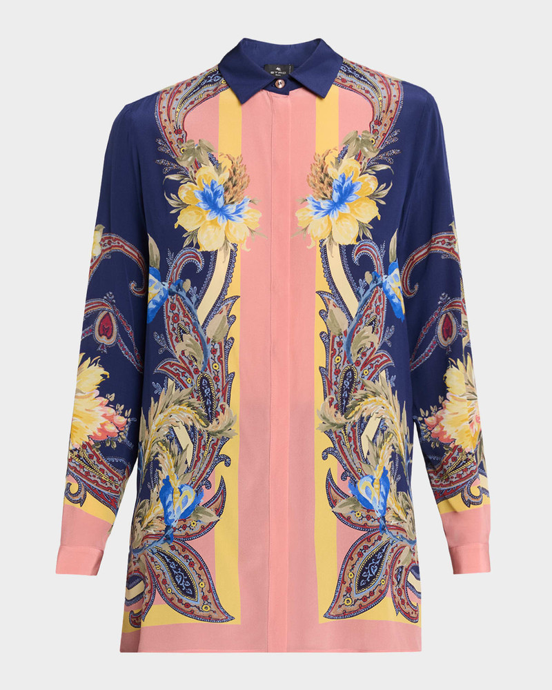 Paisley-Print Silk Button-Down Tunic Shirt 1