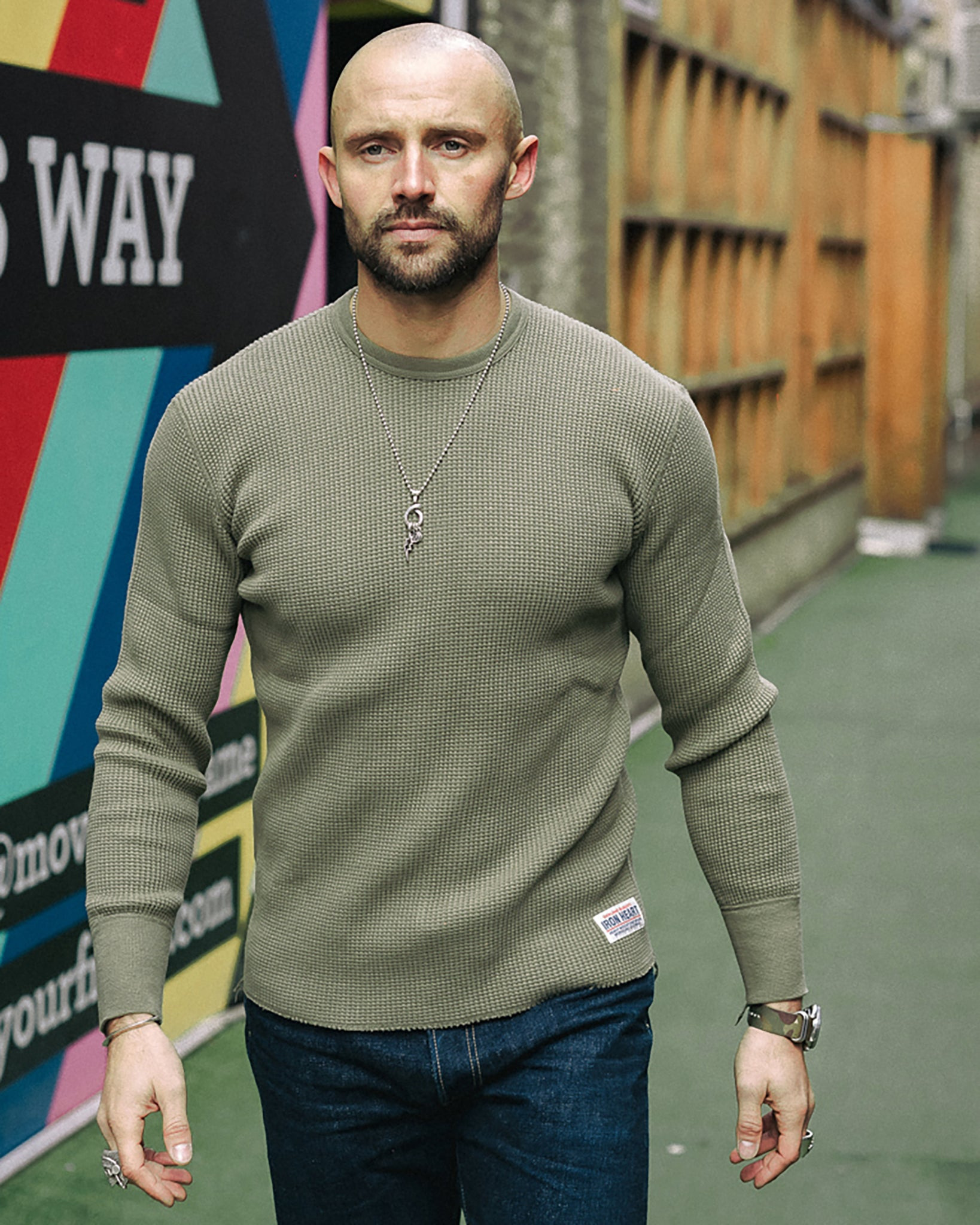IHTL-1301-OLV Waffle Knit Long Sleeved Crew Neck Thermal Top - Olive - 4