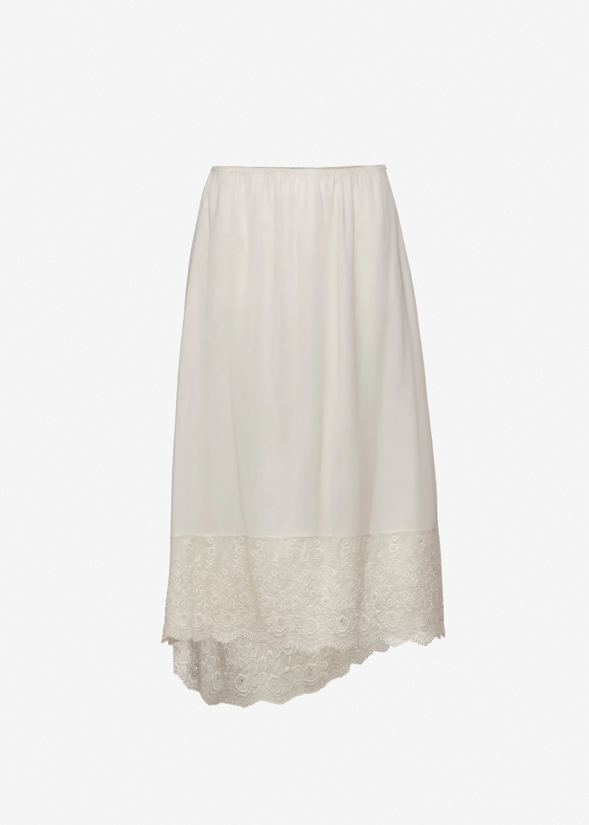 Asymmetric lace-hem midi skirt in cream - 1