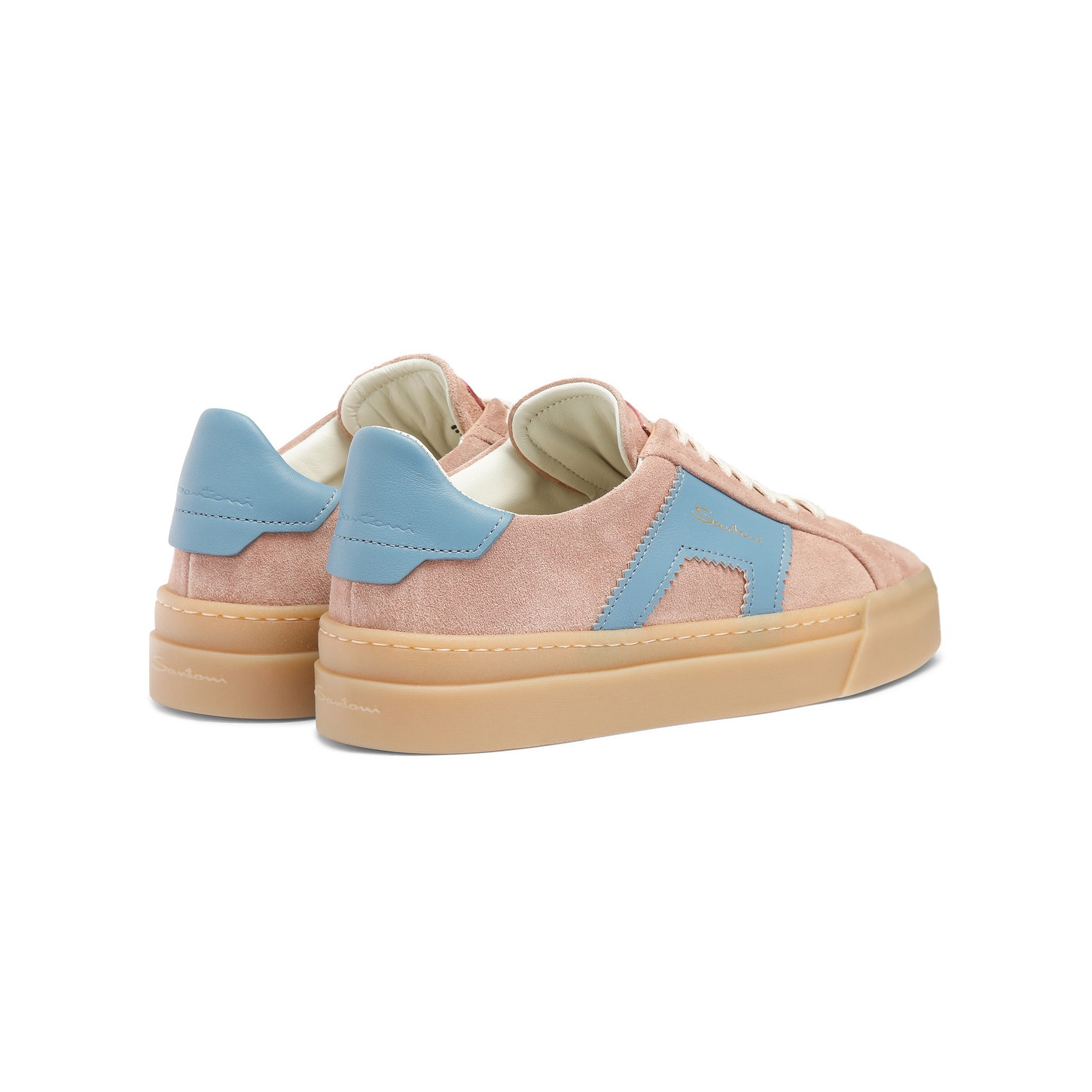 Women's pink and light blue suede and leather double buckle sneaker - 4