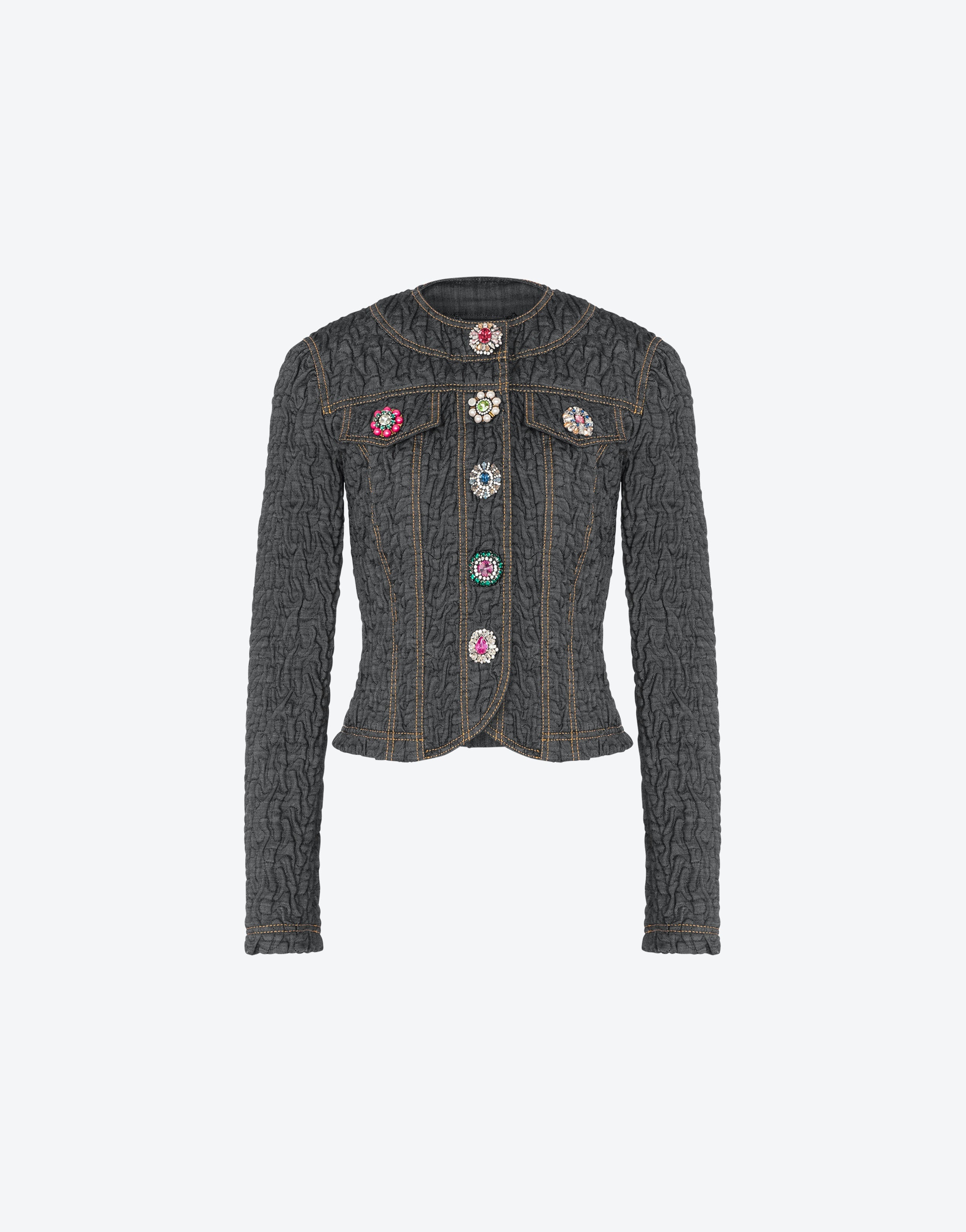 JEWEL FLOWERS BLACK DENIM JACKET - 1