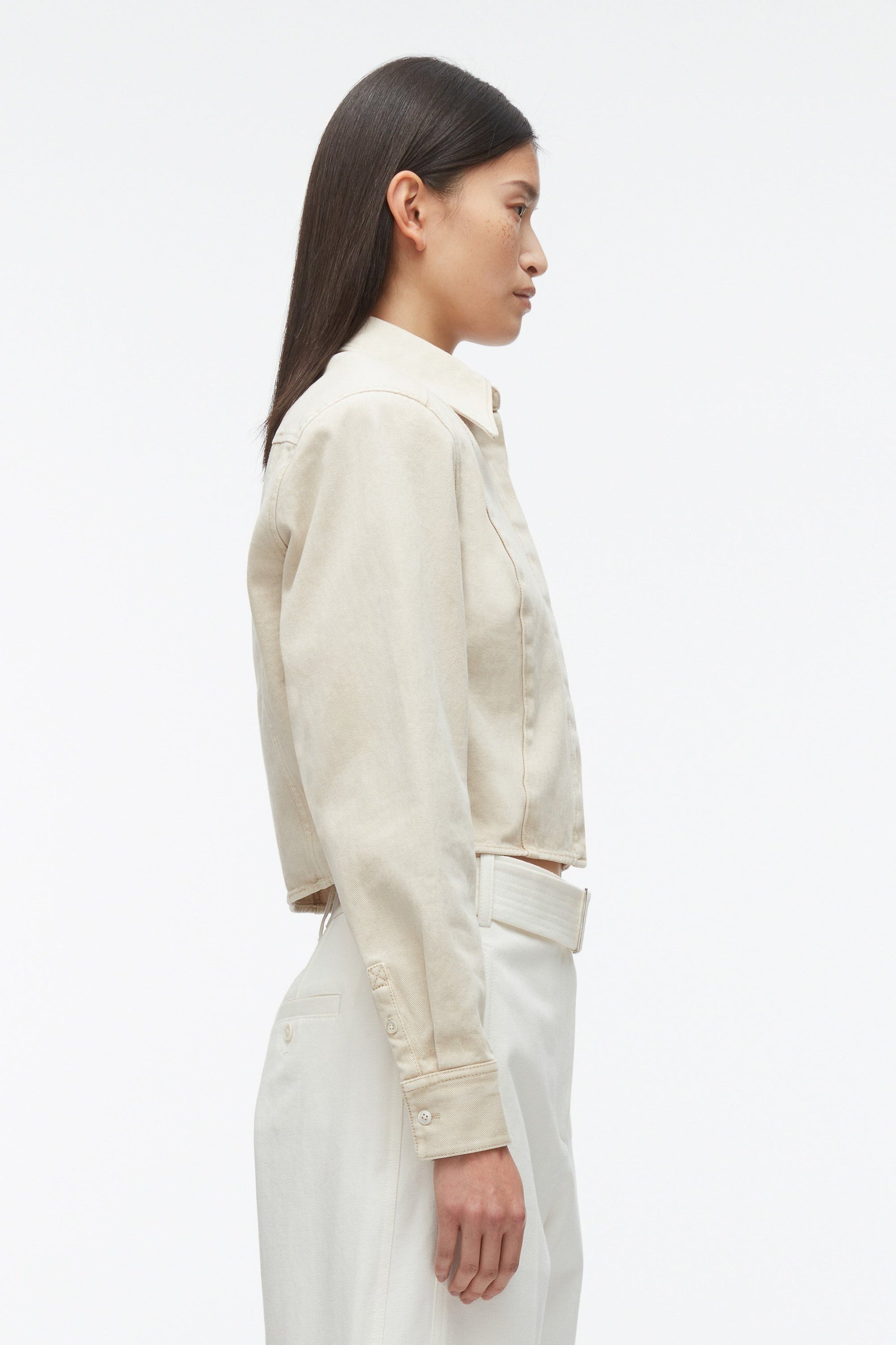 Denim Cropped Shirt with Shoulder Pads - 3