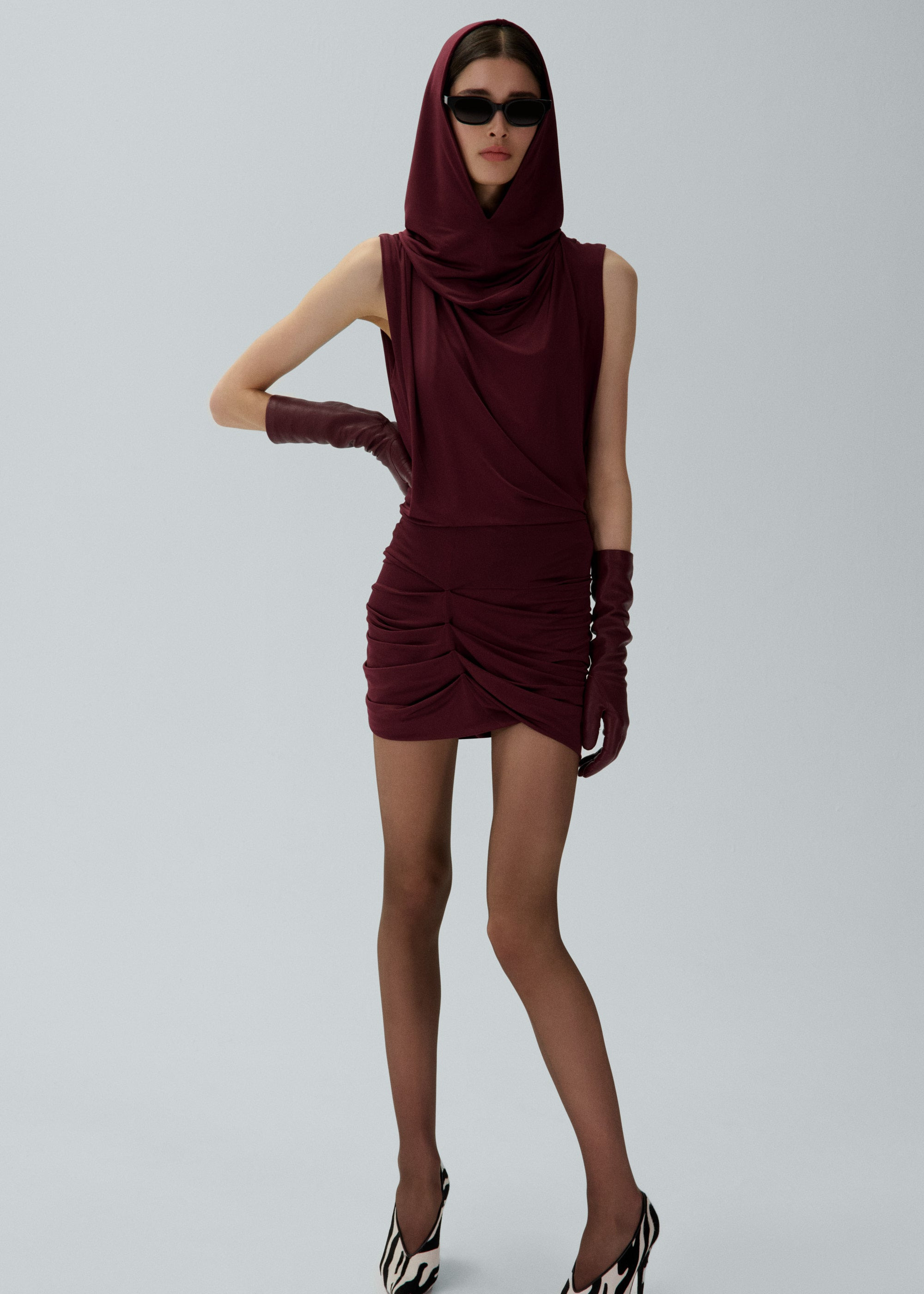 Hooded drape dress in burgundy - 4