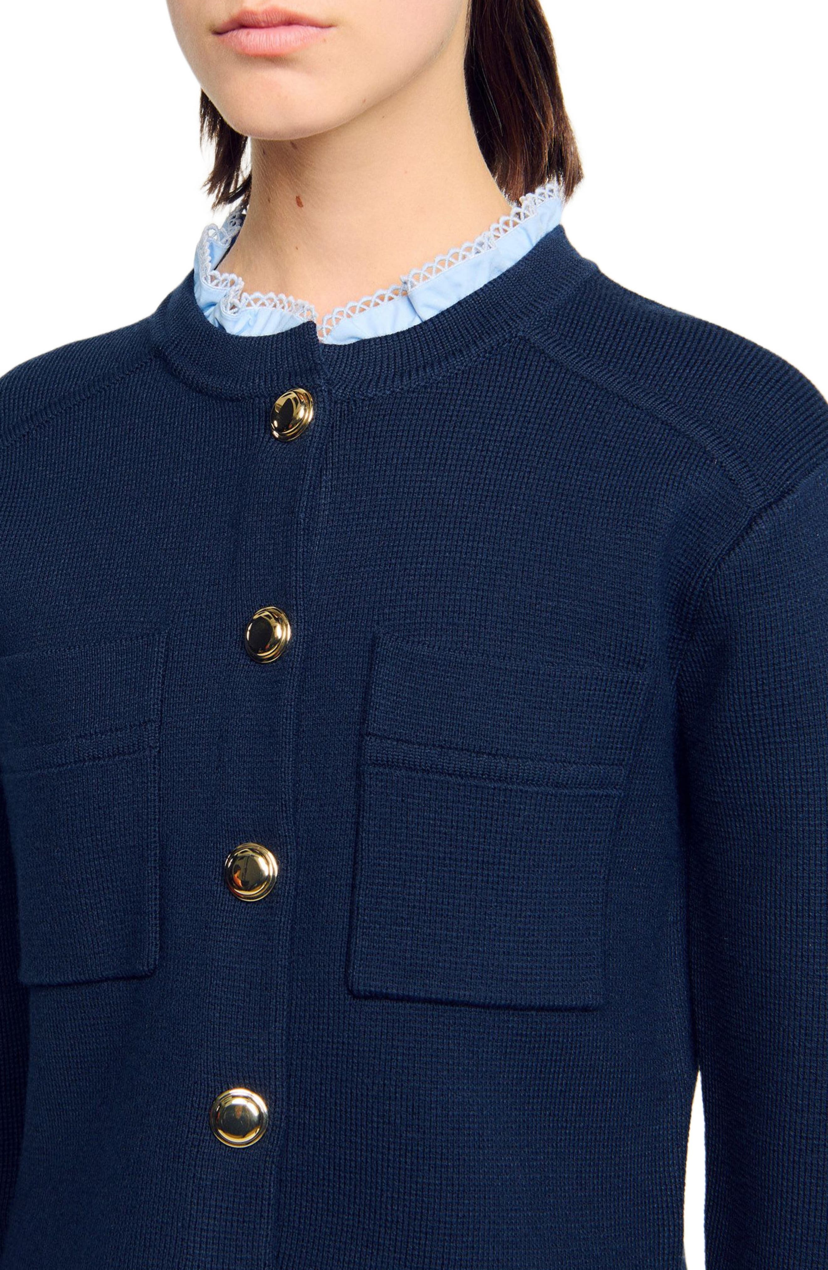 SANDRO Cardigan with ruffle collar in Navy Blue at Nordstrom - 4