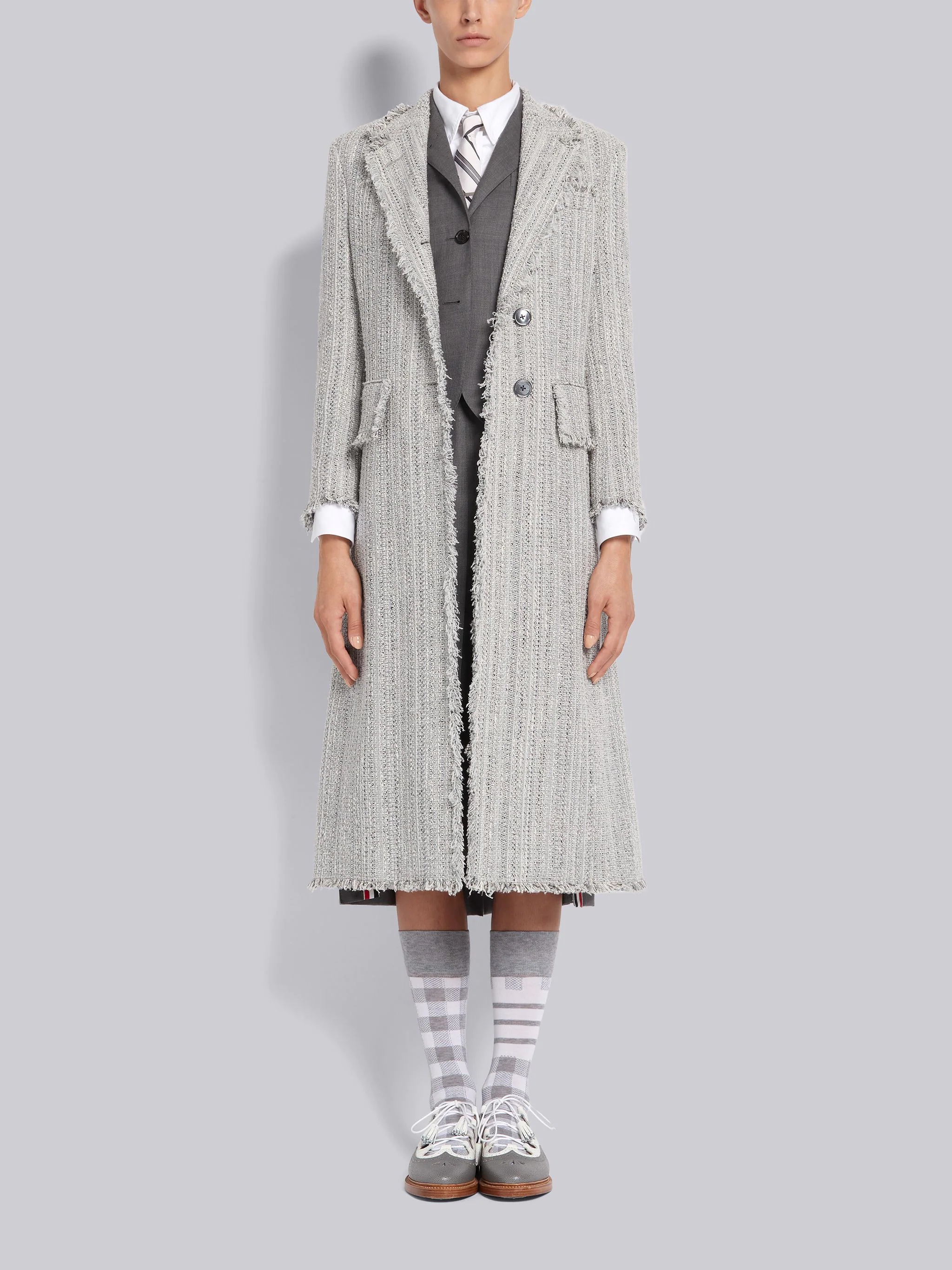 Light Grey Woven Cotton Tweed Frayed Wide Lapel Overcoat - 4