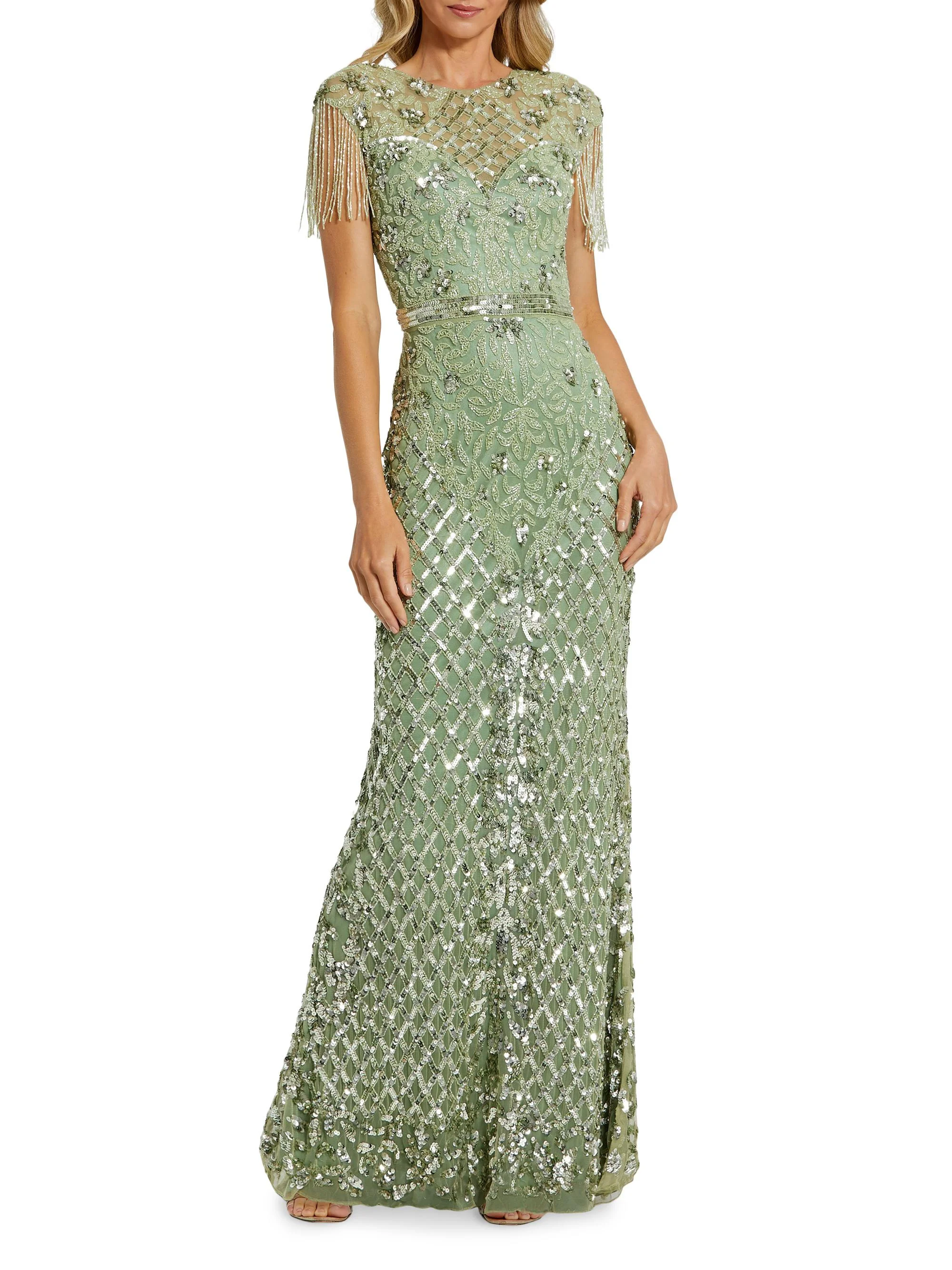 Women's Beaded Fringe Gown - Sage - 1