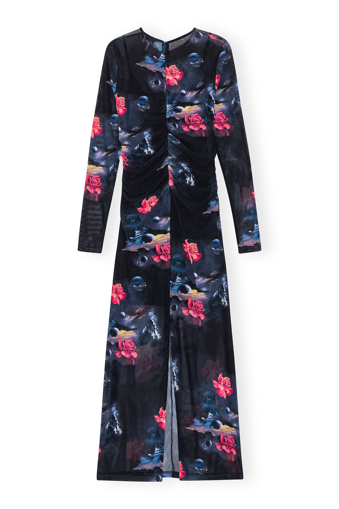 PRINTED MESH O-NECK RUCHED LONG DRESS - 6