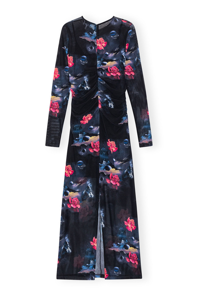 PRINTED MESH O-NECK RUCHED LONG DRESS 6