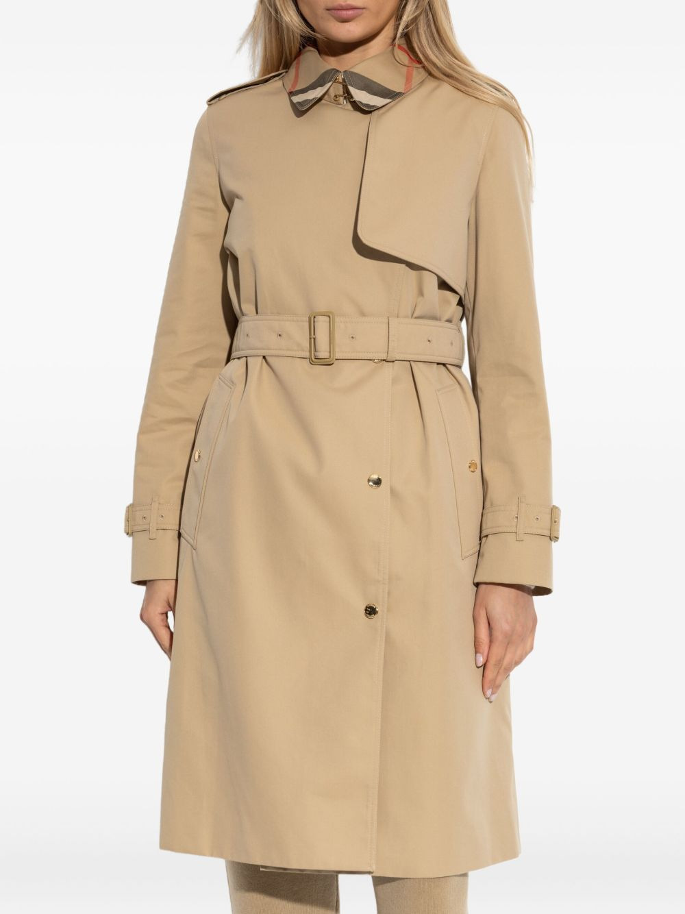 belted check-collar coat - 3