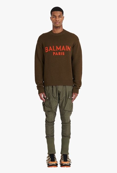 Khaki wool sweater with orange Balmain Paris logo - 4